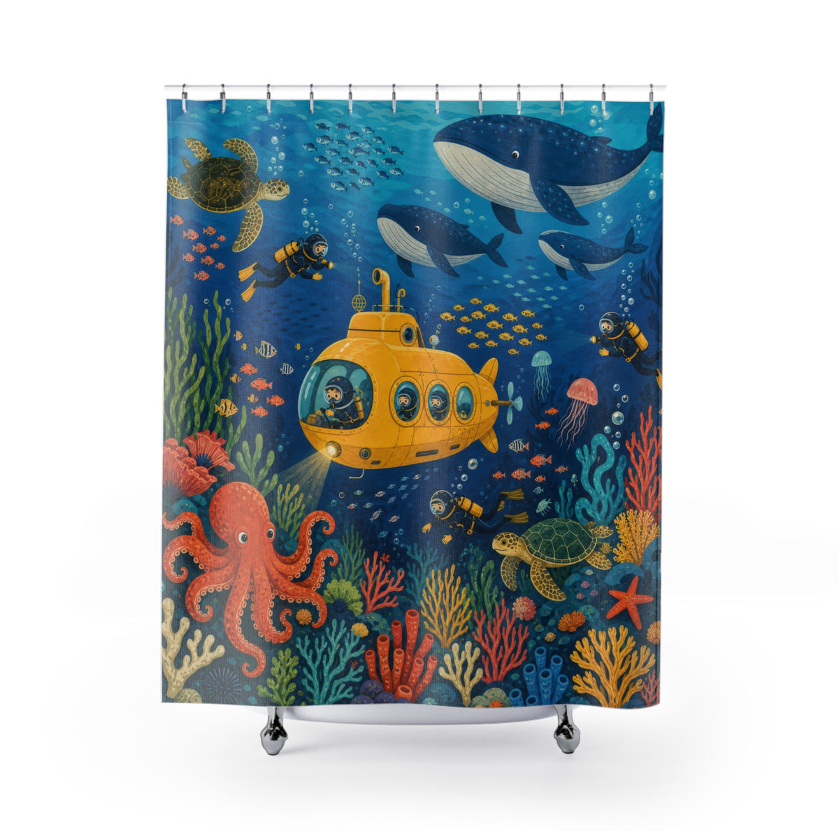 Children s Ocean Explorer Submarine Scene shower curtain with full front view