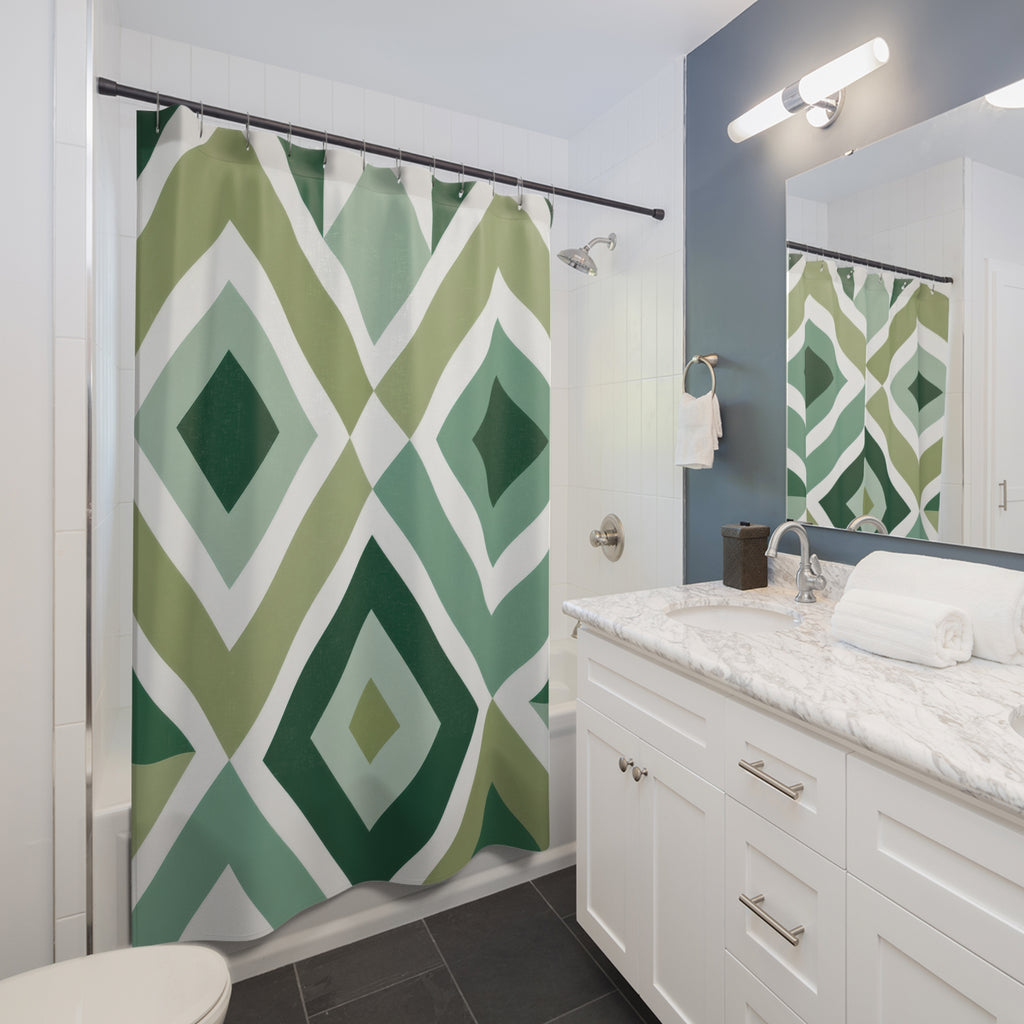 Green Geometric Shower Curtain, White Diamond Bath Decor, Sage Lattice Pattern, Modern Guest Bathroom Decor, Bold Green Style Decor