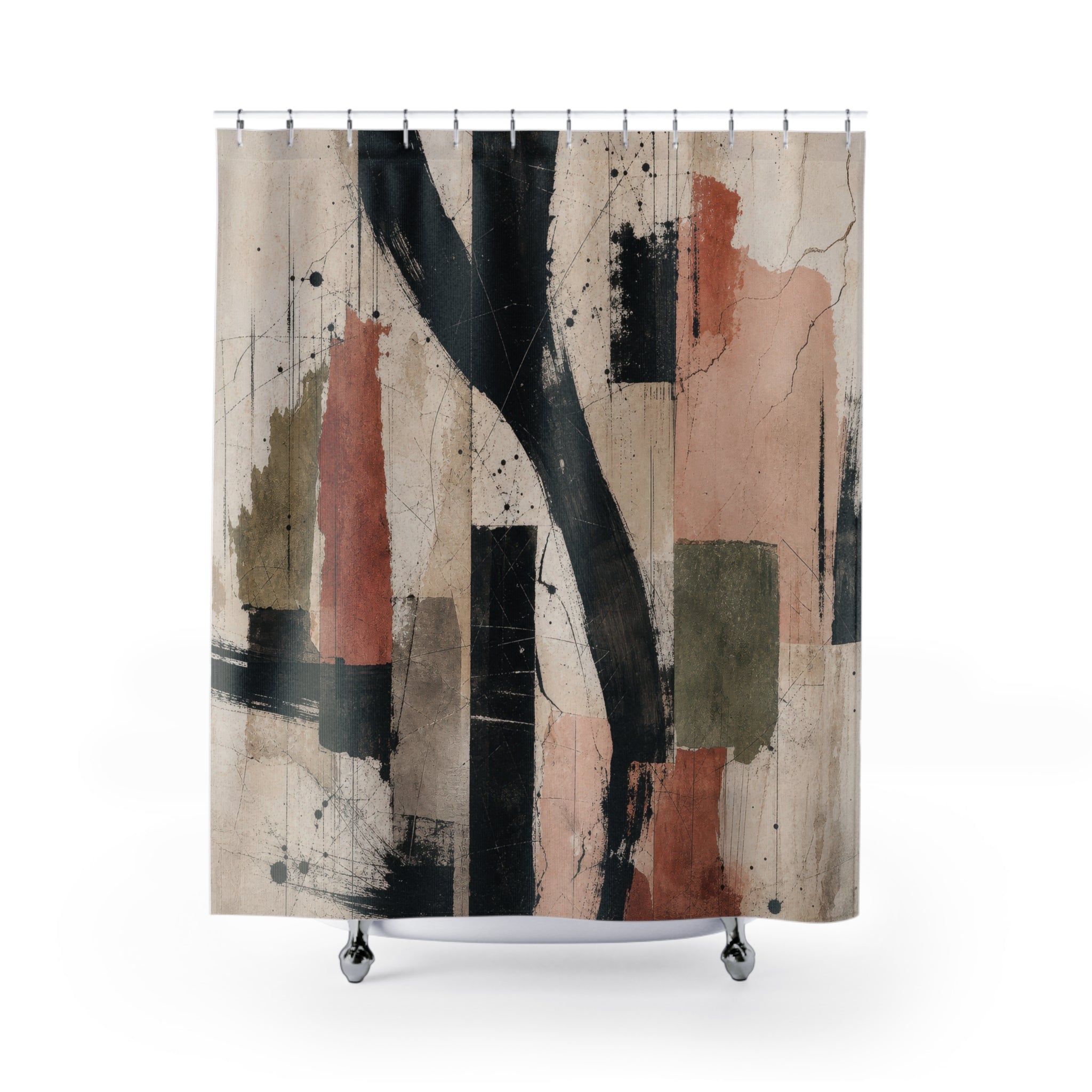 Abstract Shower Curtain, Muted City Shapes, Beige Teal Terracotta Bathroom Decor, Modern Geometric Art, Soft Urban Guest Bath, Warm Decor