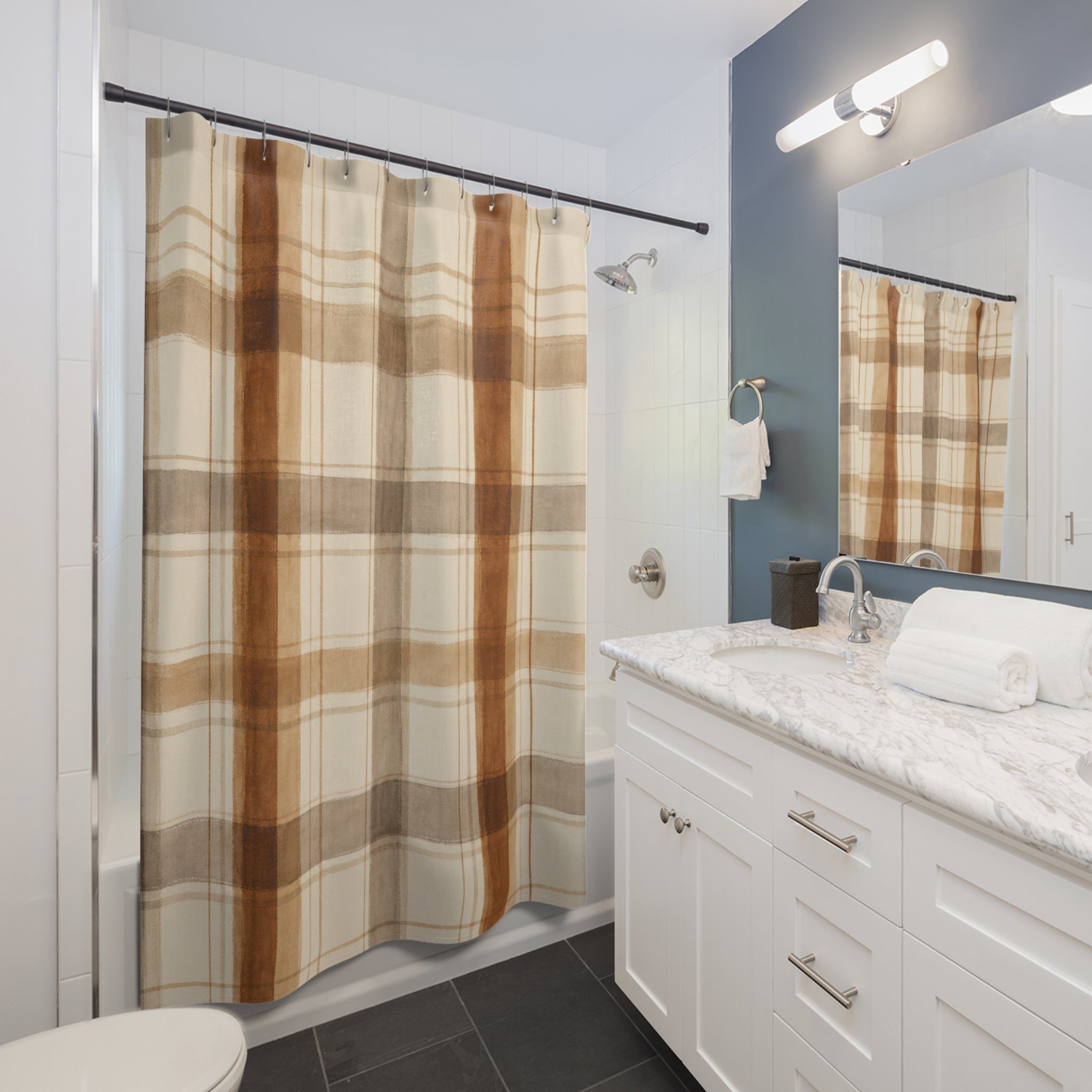 Brown Beige Farmhouse Check Shower Curtain