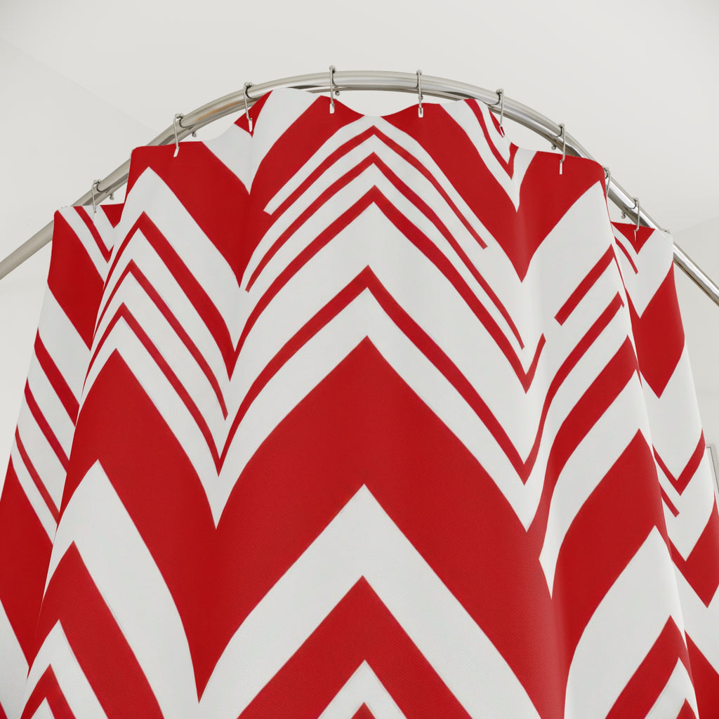 Red Chevron Shower Curtain, Bold Zig Zag Pattern, Red White Geometric Bath Decor, Modern Graphic Guest Bathroom Accent, Retro Style