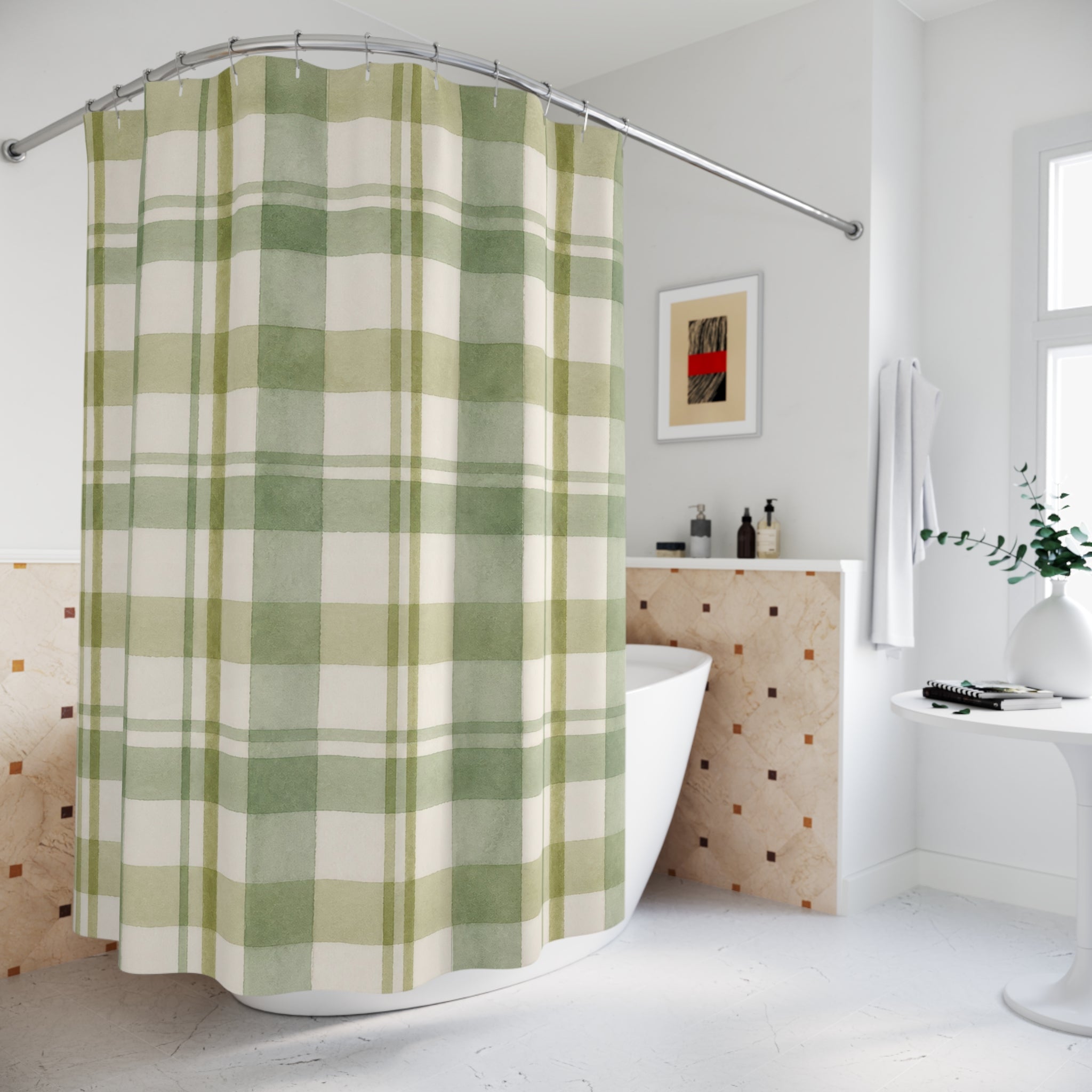 Green Gingham Plaid Shower Curtain