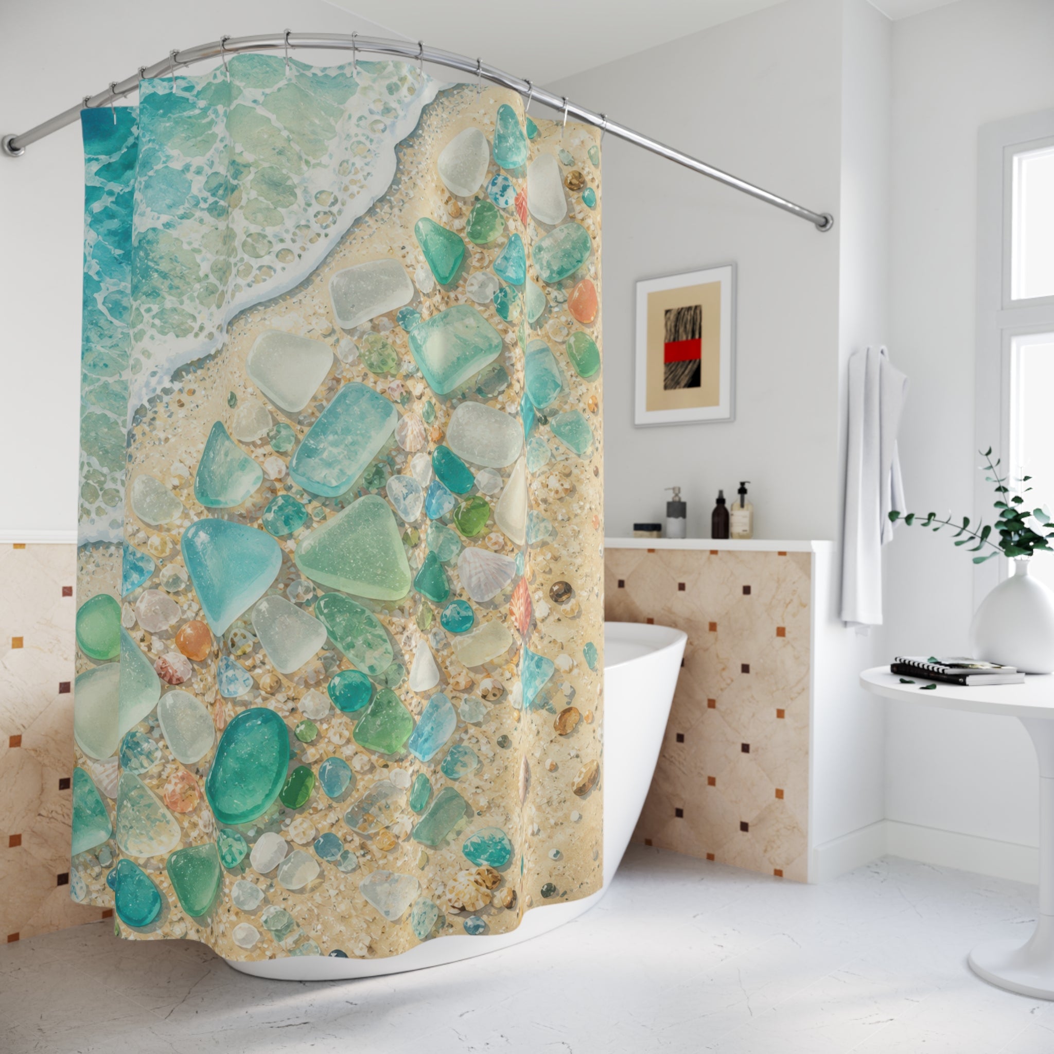 Sea glass and shells beside a turquoise shoreline shower curtain styled beside a freestanding tub