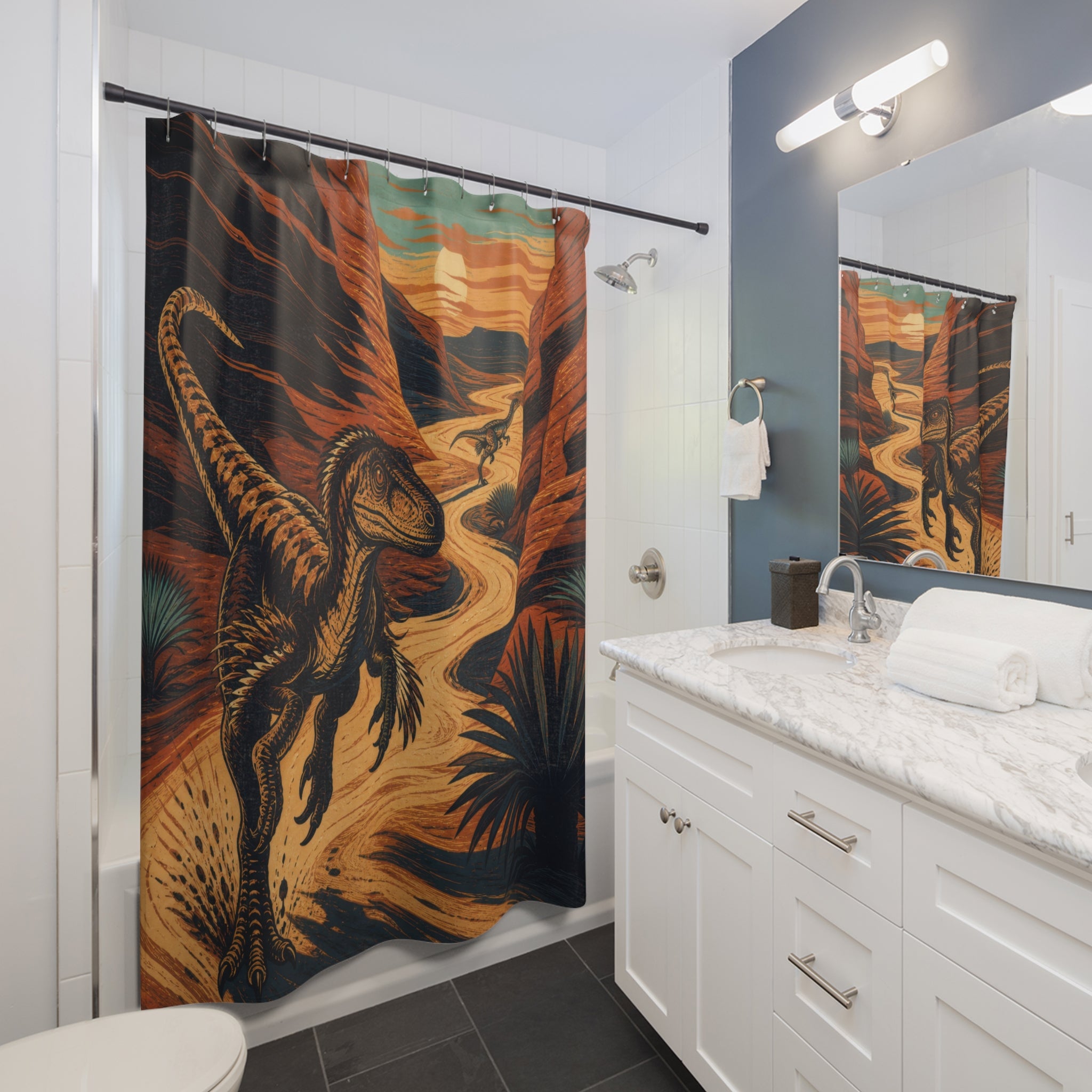 Retro Orange Teal Velociraptor shower curtain beside a white vanity