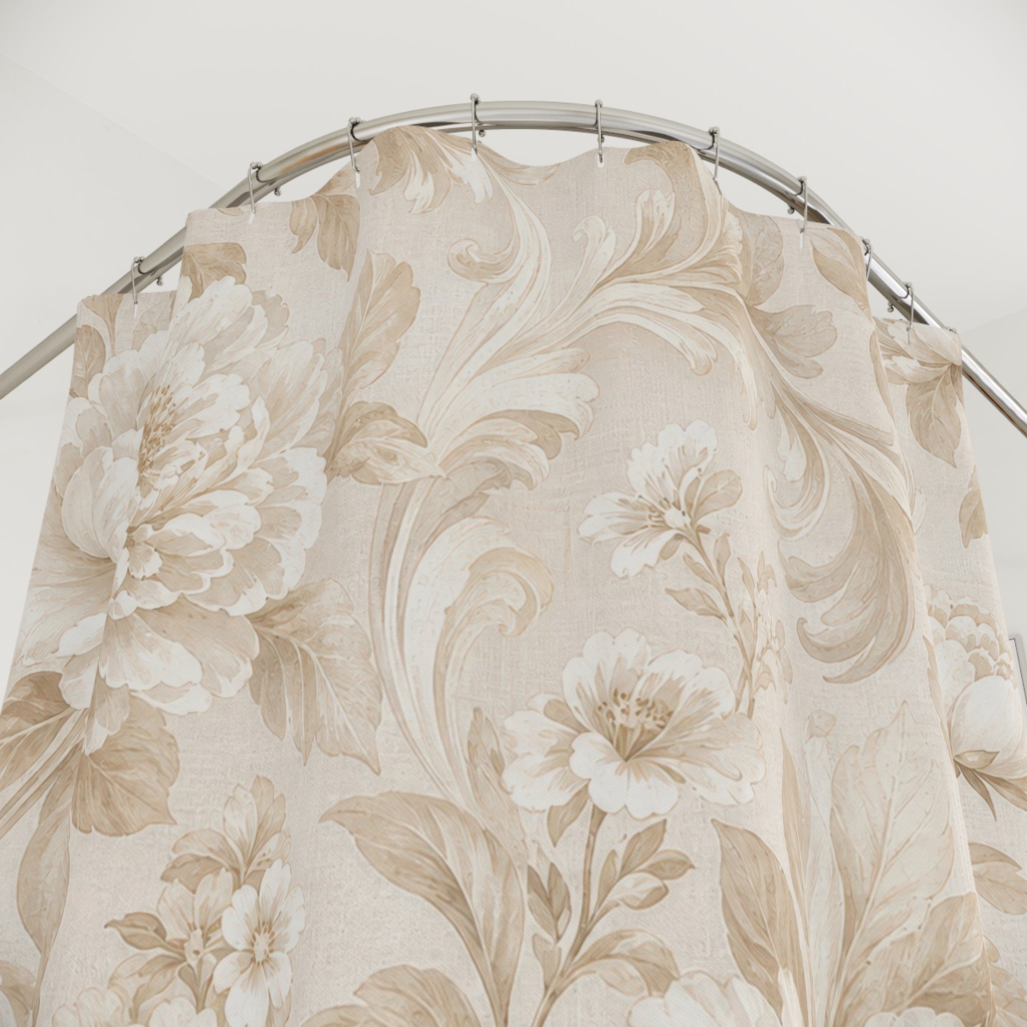 Beige and White Shower Curtain: Cream Floral Botanical Pattern