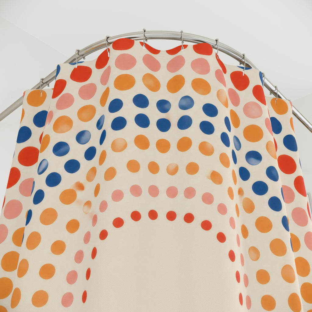 Coral and navy concentric polka dots shower curtain with close-up print, hooks, and folds