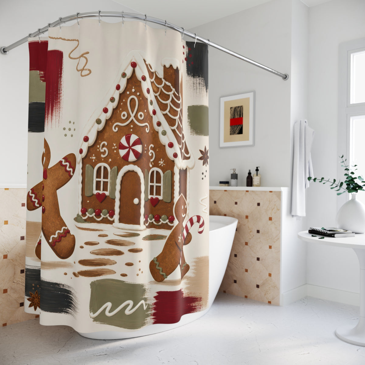 Gingerbread cookies and house in a modern collage shower curtain beside a freestanding tub