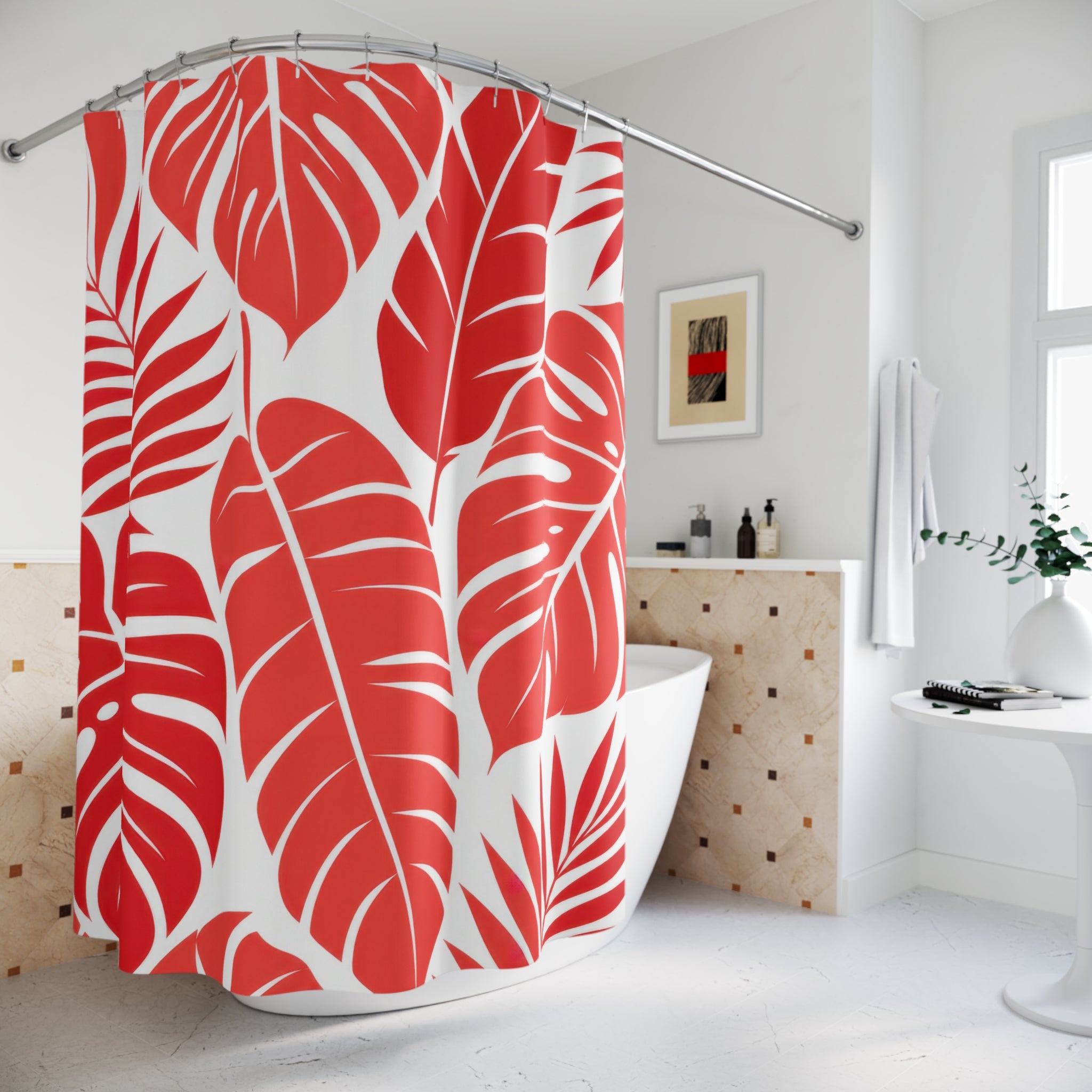 Red Tropical Leaf Shower Curtain, White Monstera Palm Pattern, Bold Botanical Bath Decor, Modern Jungle Guest Bathroom Accent, Spa Style
