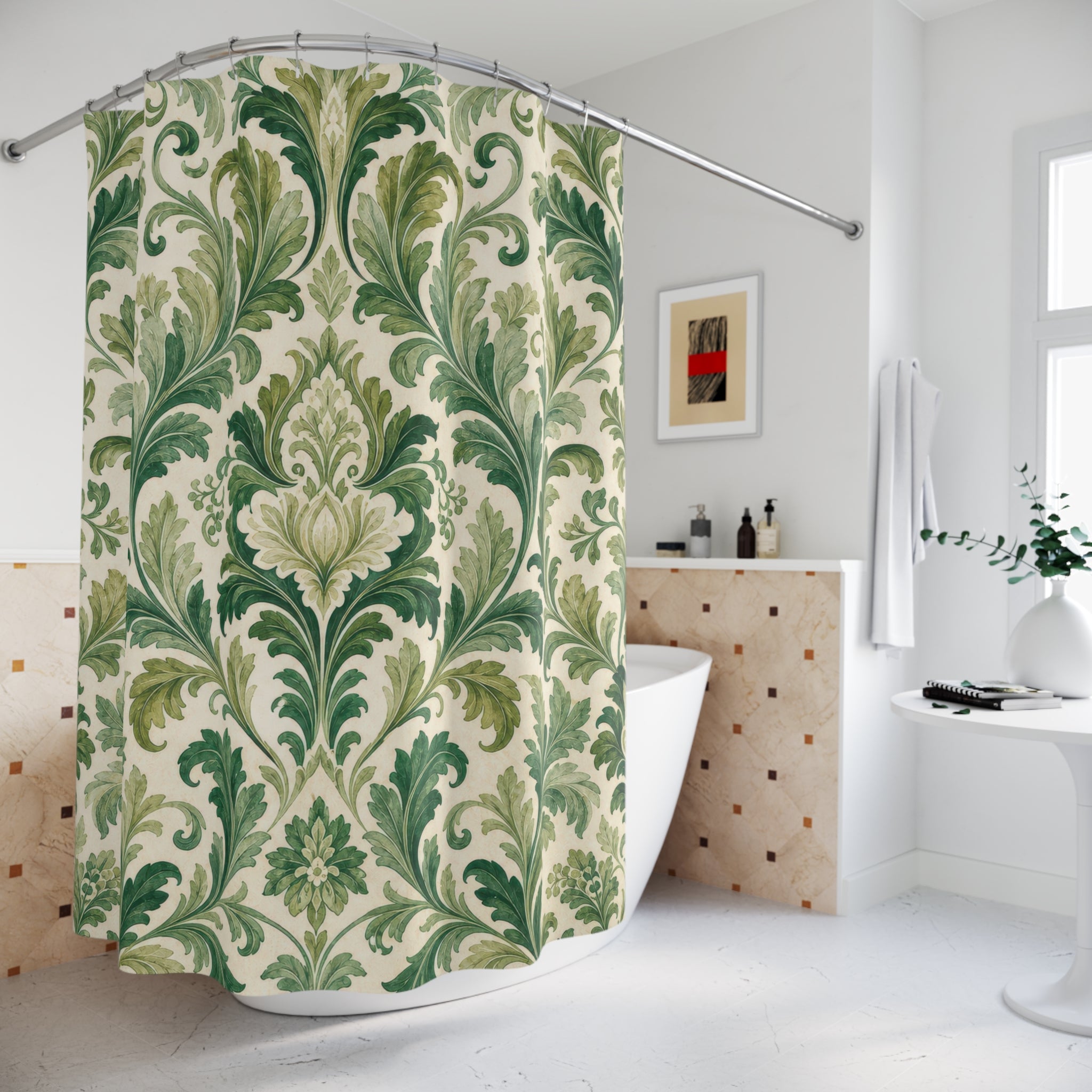 Botanical Scroll Damask Green Floral Vintage Shower Curtain