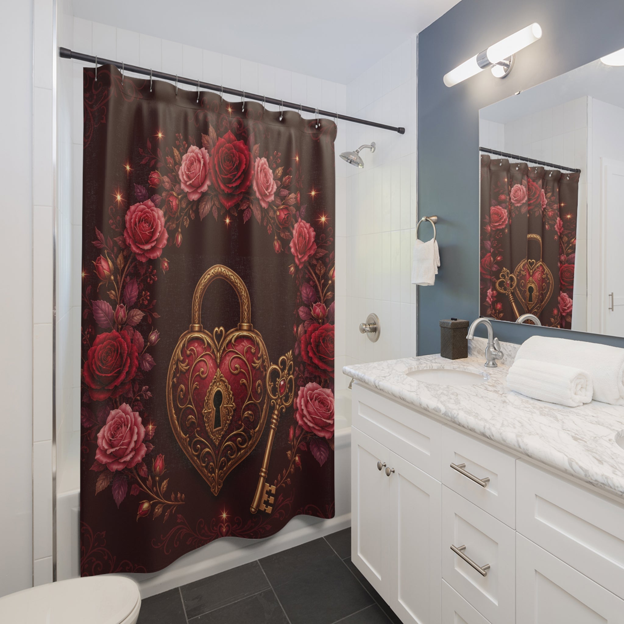 Ornate heart lock and golden key beneath rose arch shower curtain beside a white vanity
