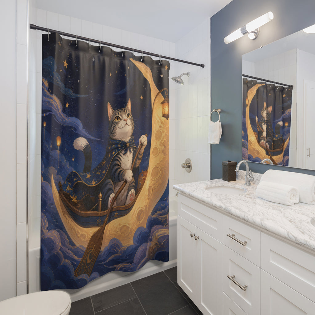 Cat sailing a crescent moon boat above indigo clouds shower curtain beside a white vanity