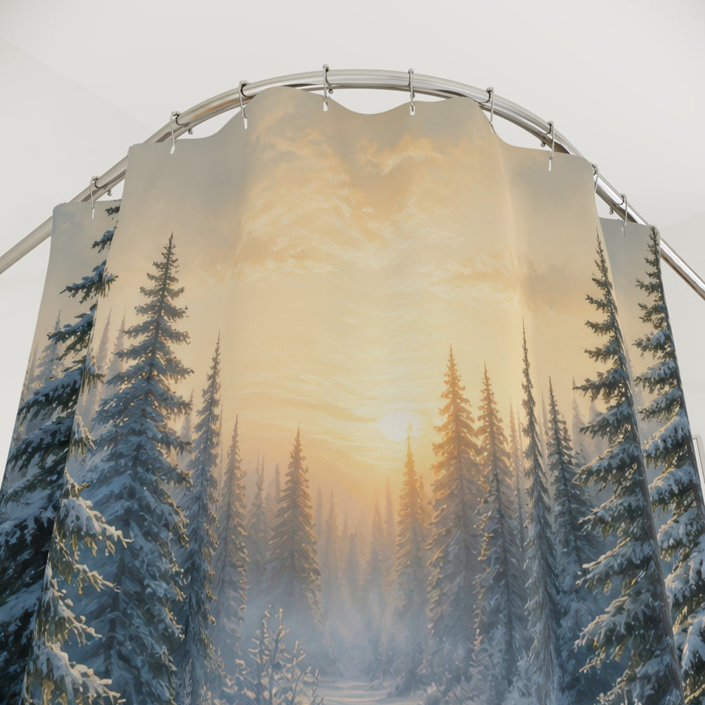Winter woodland frozen creek forest shower curtain with close-up print, hooks, and folds