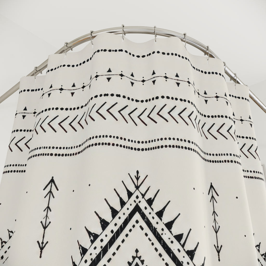 Boho Shower Curtain: Black Cream Geometric Diamond Pattern