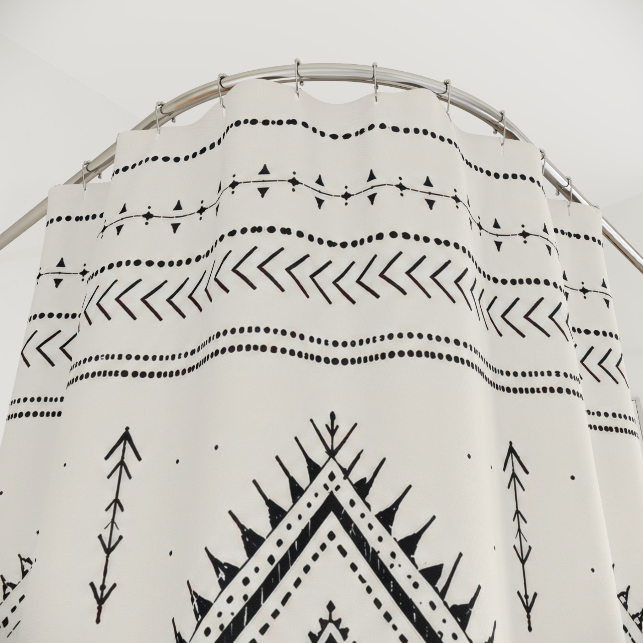 Boho Shower Curtain: Black Cream Geometric Diamond Pattern