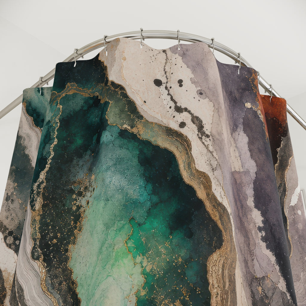 Abstract Shower Curtain, Teal Rust Marble Look, Cream Black Bathroom Decor, Organic Stone Art, Modern Earth Tone Guest Bath, Warm Decor