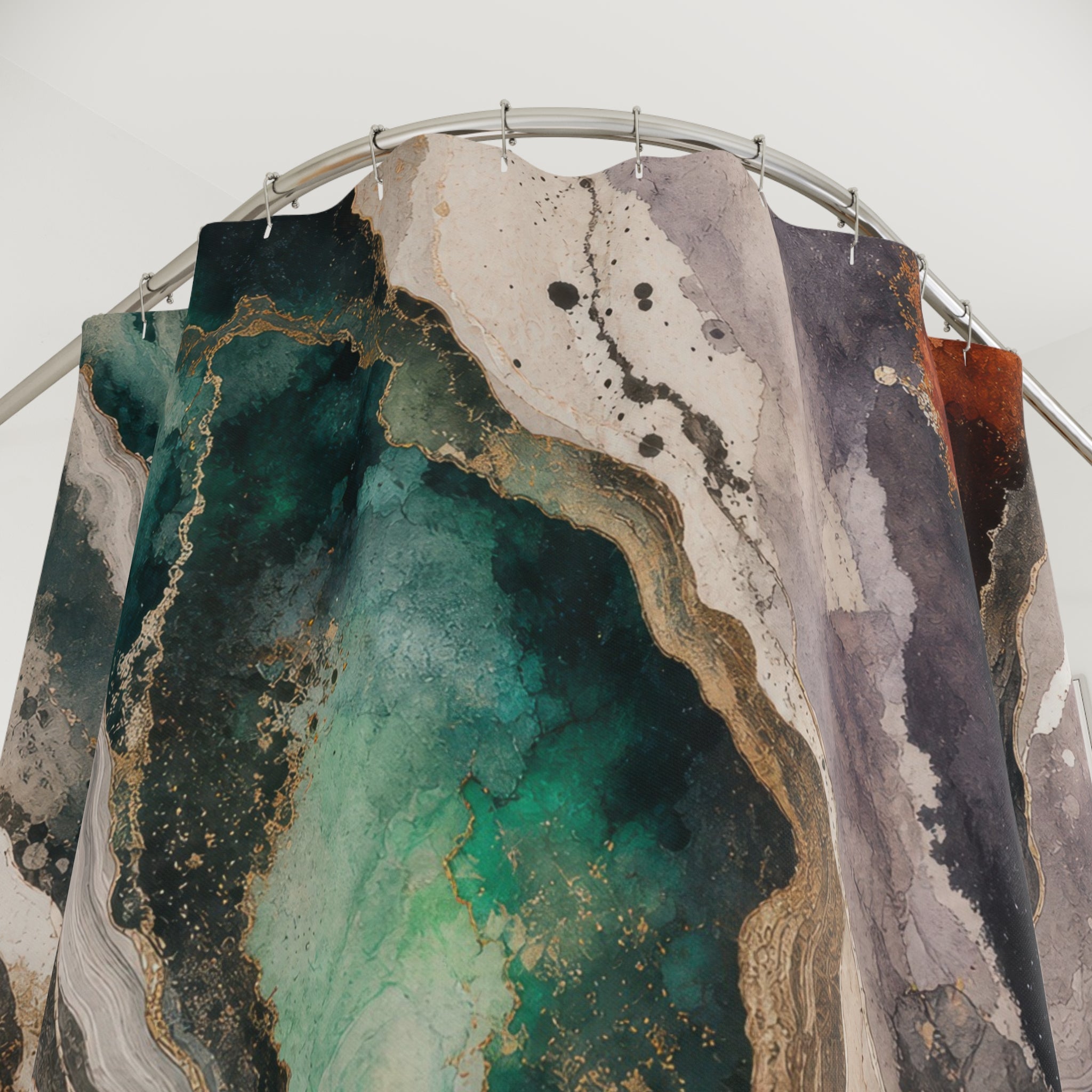 Abstract Shower Curtain, Teal Rust Marble Look, Cream Black Bathroom Decor, Organic Stone Art, Modern Earth Tone Guest Bath, Warm Decor