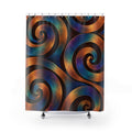 Iridescent copper-tone and teal spirals on espresso brown shower curtain with full front view
