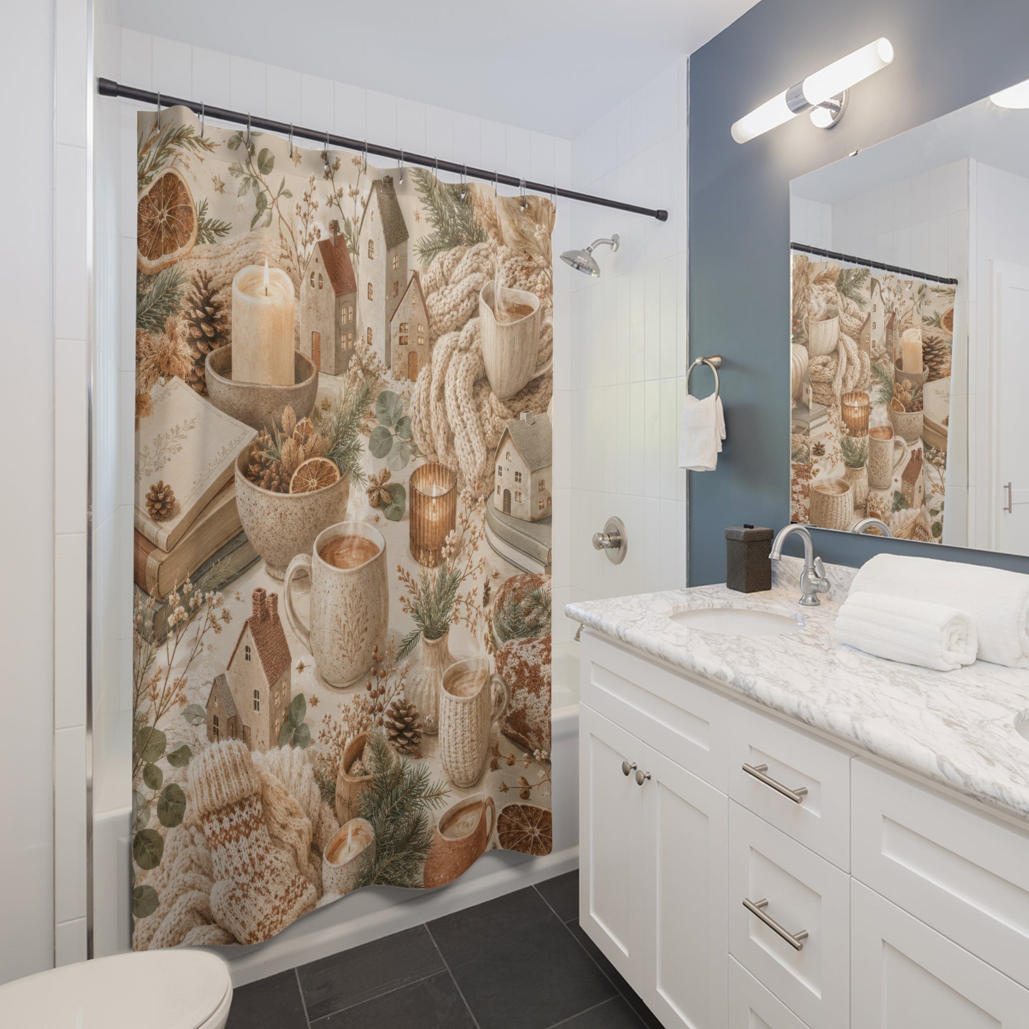 Hygge Winter Shower Curtain: Cream Beige Christmas