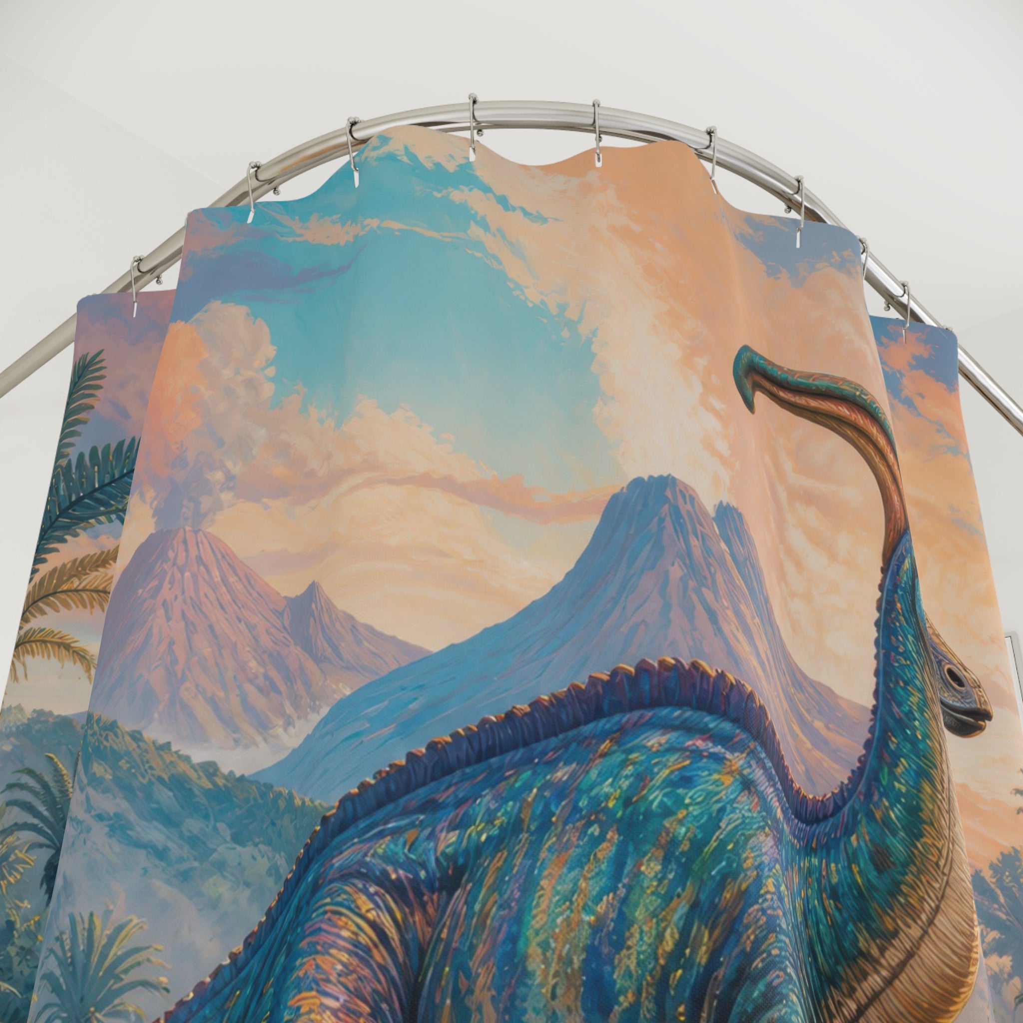 Blue orange parasaurolophus in a reflective tropical river shower curtain with close-up print, hooks, and folds