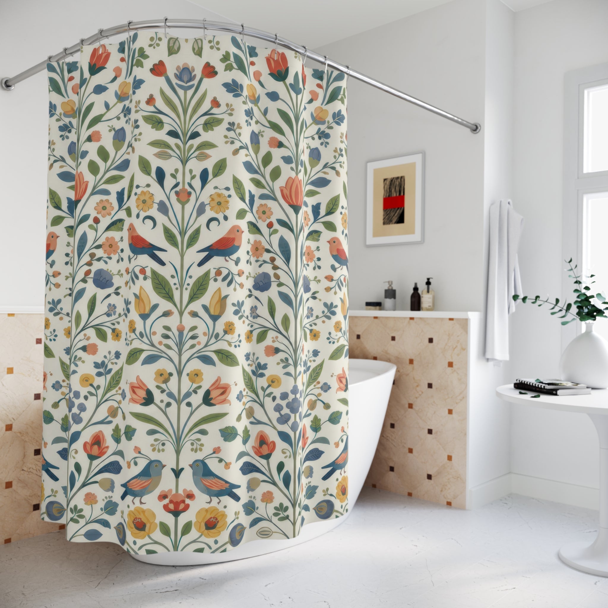 Scandinavian Floral Bird Folk Art Shower Curtain