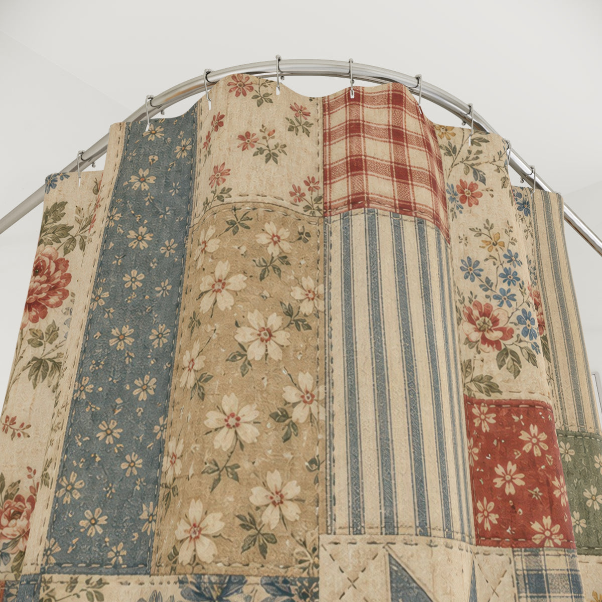 Vintage Farmhouse Patchwork feedsack country shower curtain with close-up print, hooks, and folds