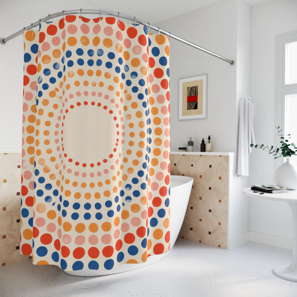Coral and navy concentric polka dots shower curtain beside a freestanding tub