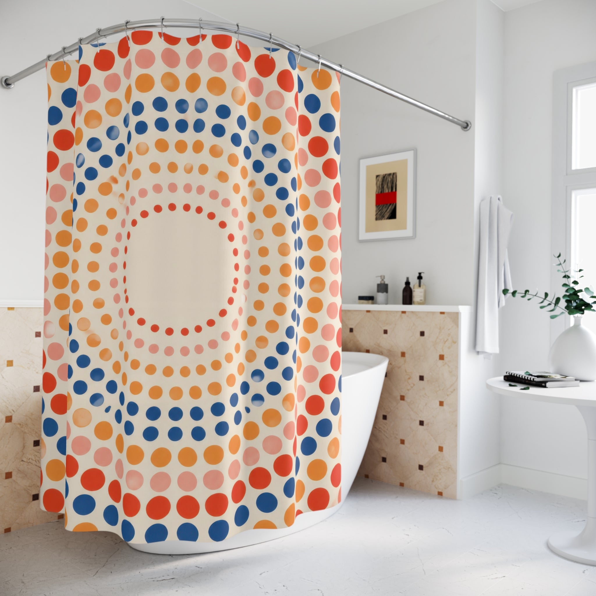 Coral and navy concentric polka dots shower curtain beside a freestanding tub