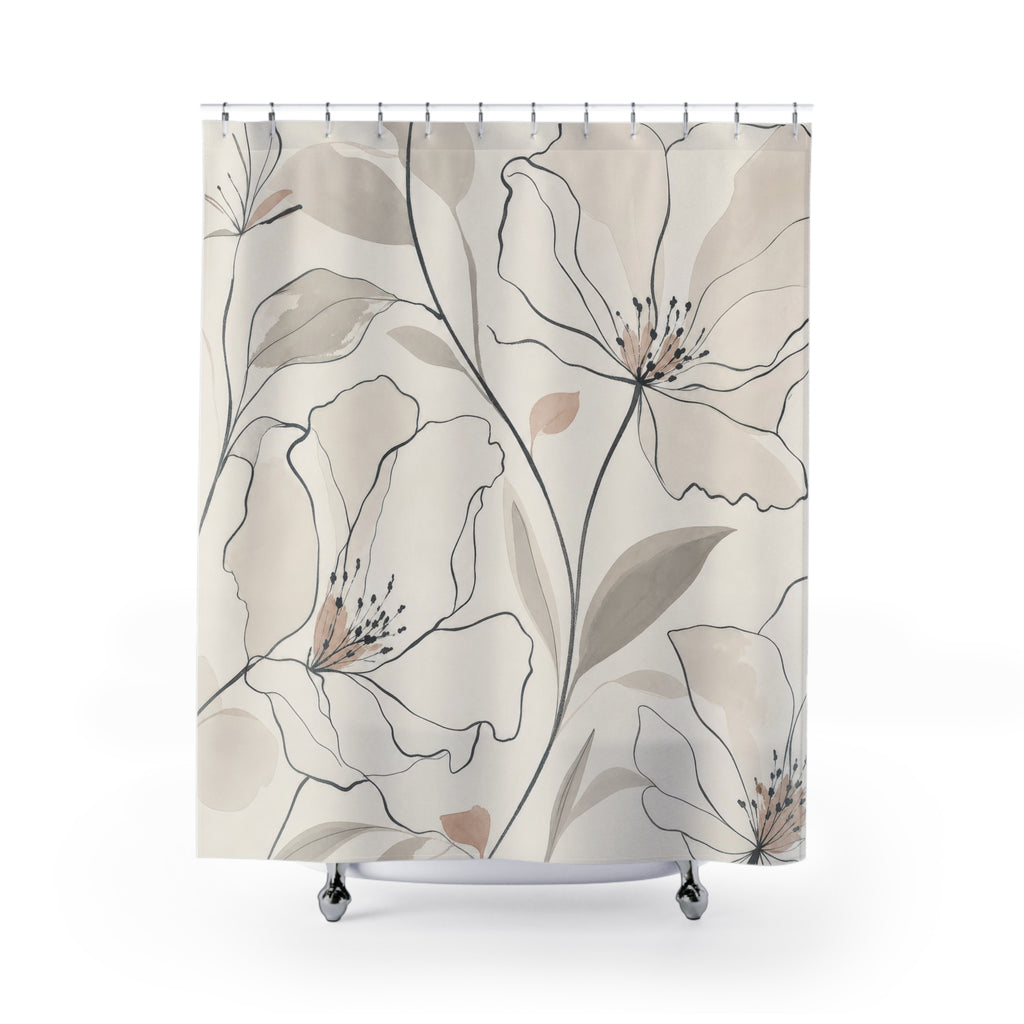 Black Beige Line Art Flower Shower Curtain