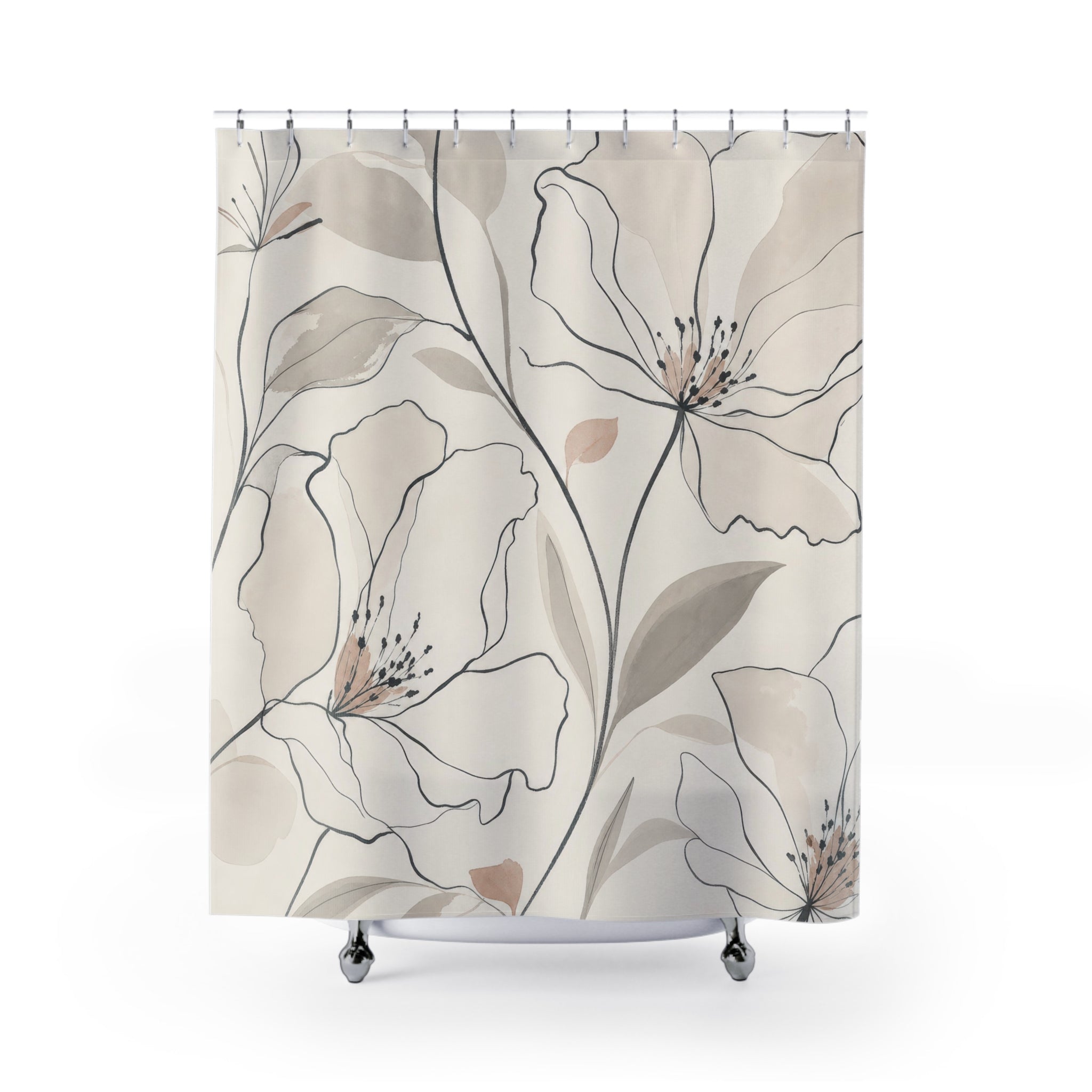 Black Beige Line Art Flower Shower Curtain