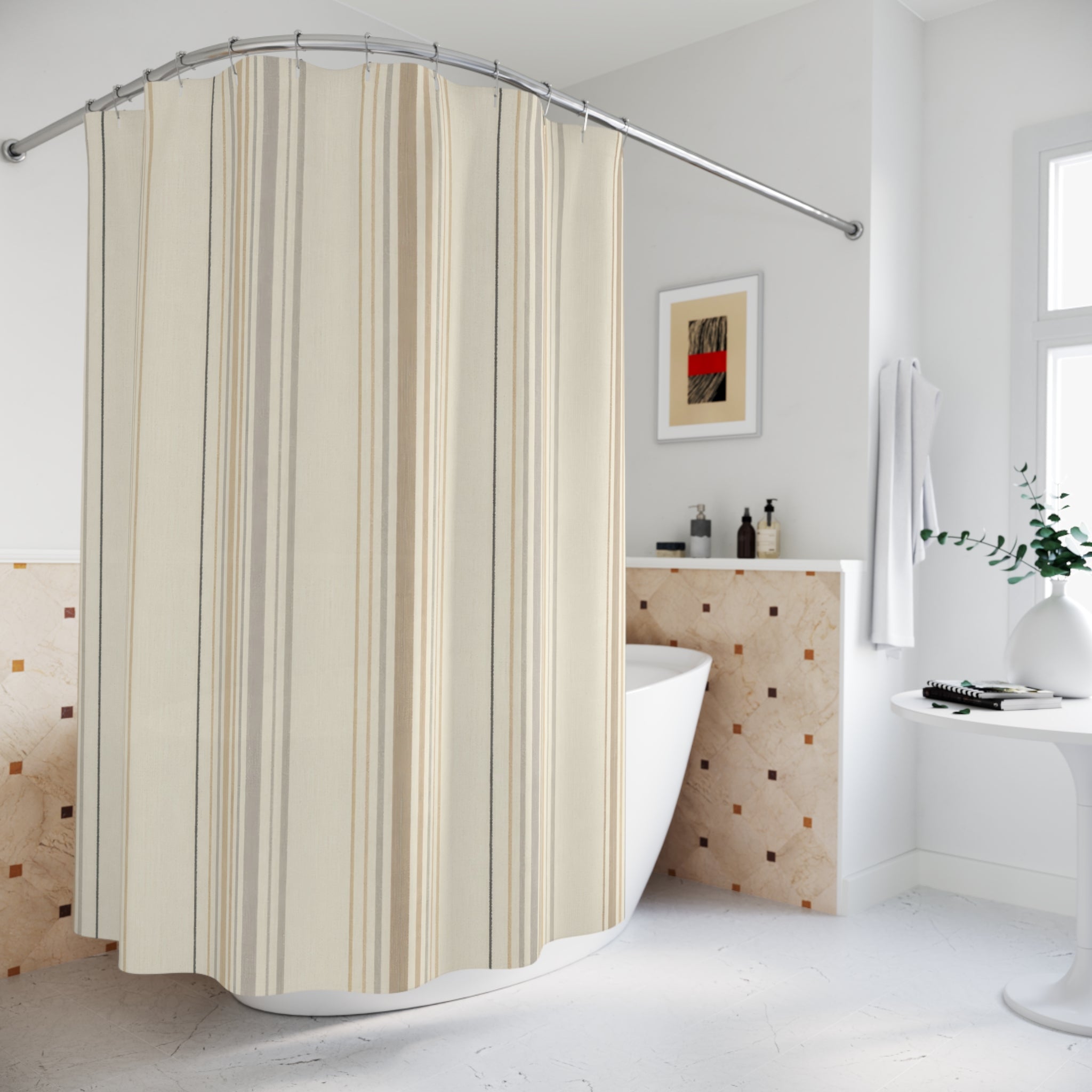 Warm Beige Pinstripe Shower Curtain, Beige Cream Classic Bathroom Decor, Neutral Stripe Bath Curtain, Guest Bathroom Decor, Small Bath Decor