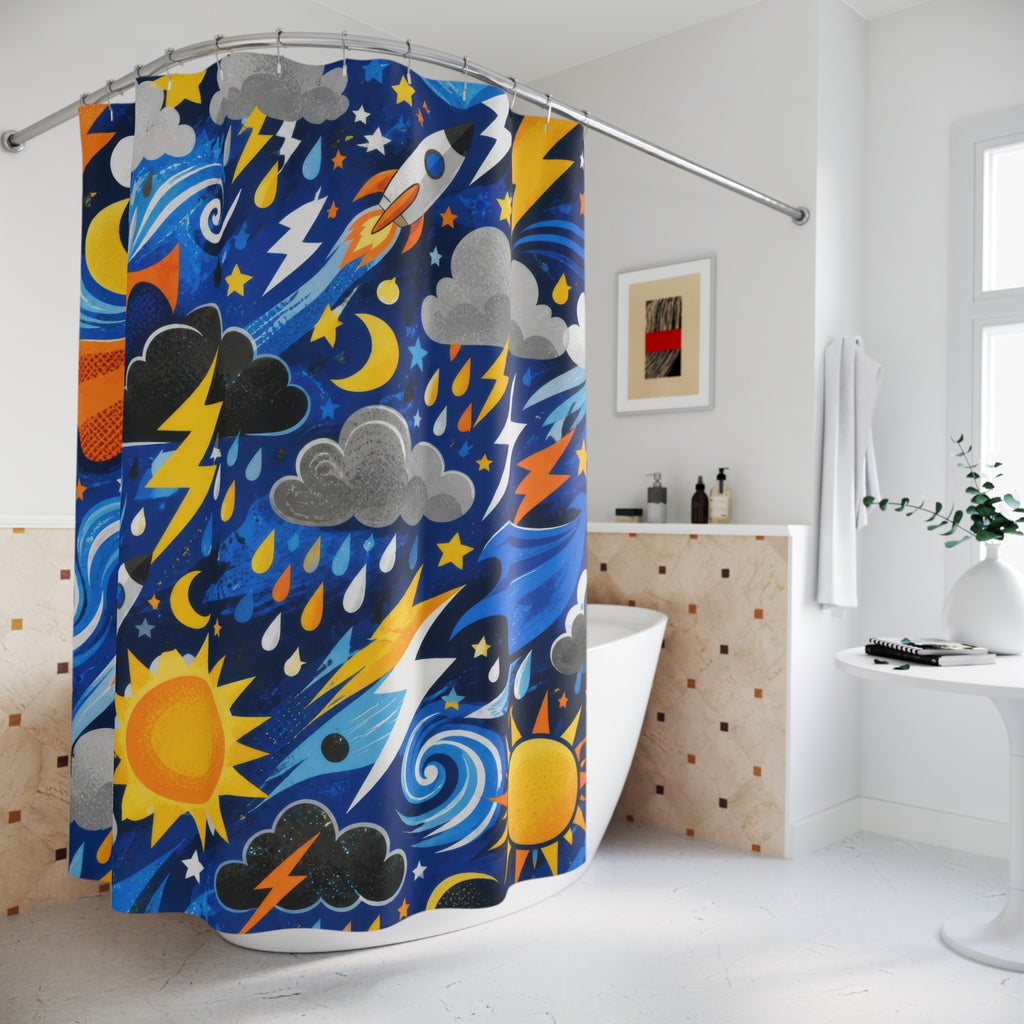 Weather Shower Curtain, Blue Kids Bathroom Decor, Storm Cloud Bath Curtain, Boys Bathroom Decor, Sun and Rain Pattern, Bath Decor, Style