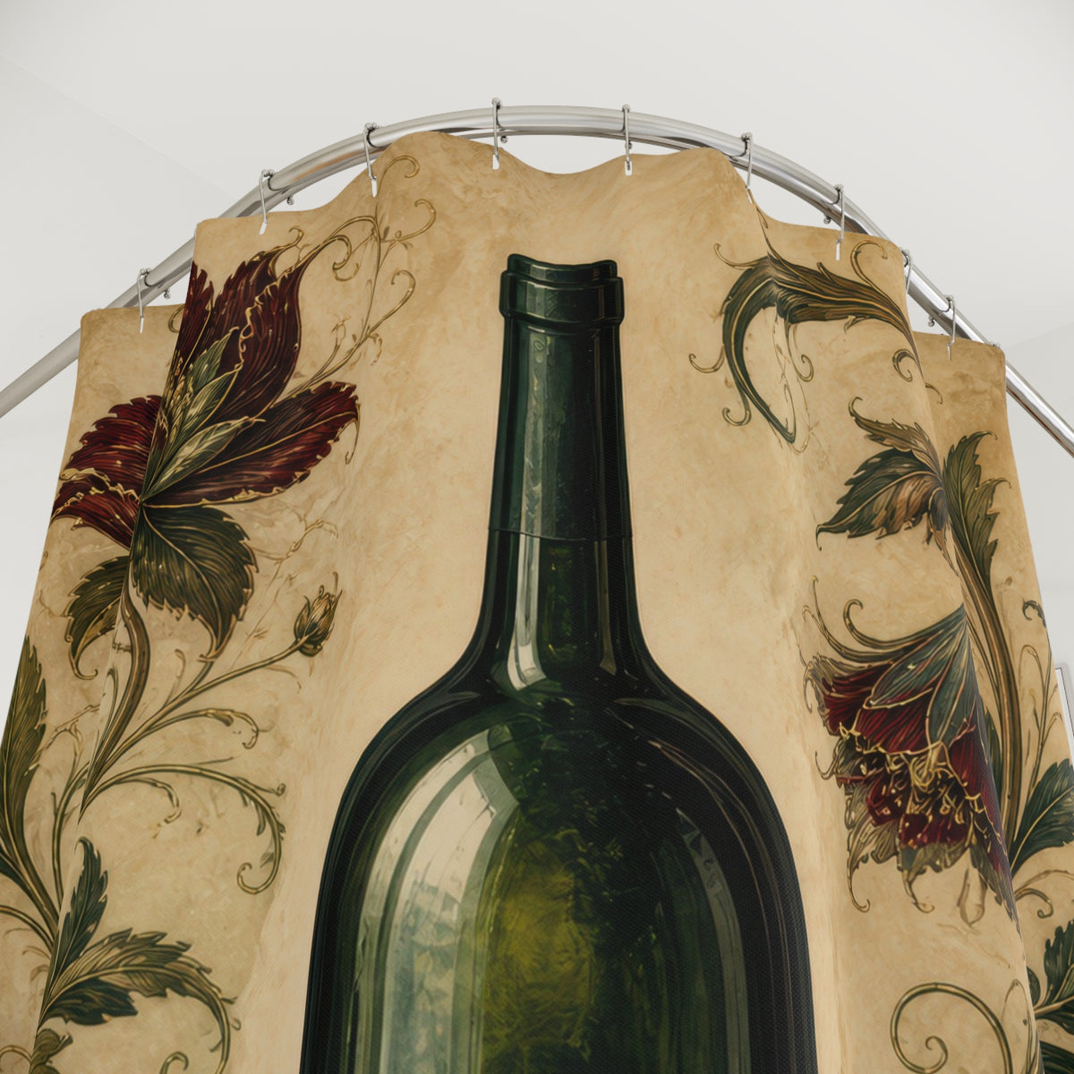 Green wine bottle framed by scrolling flowers and vines shower curtain with close-up print, hooks, and folds