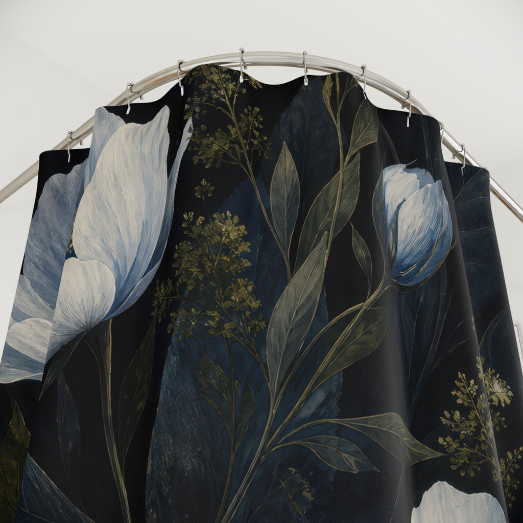 Dark Navy Flower Blue Floral Shower Curtain