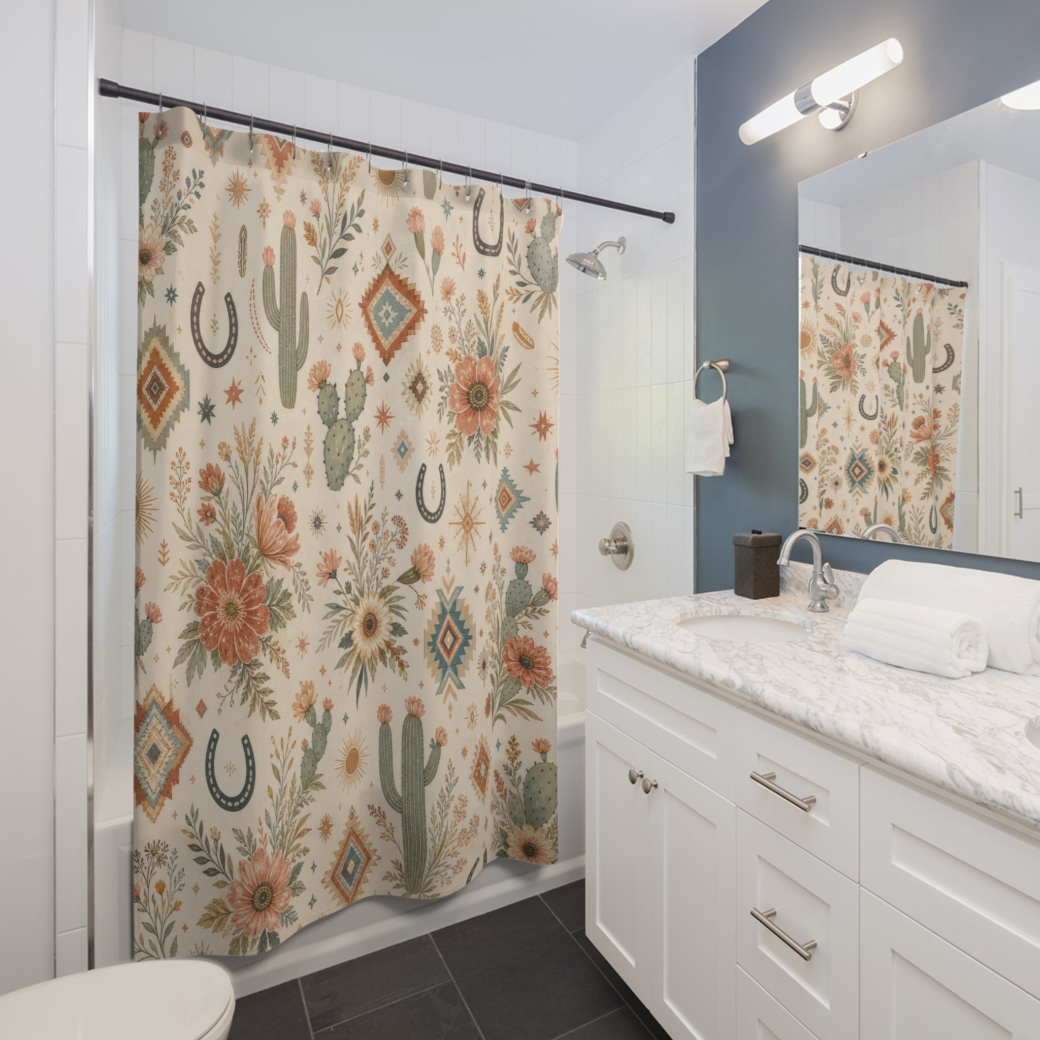 Western Boho Shower Curtain, Desert Flower Repeat Bath Decor, Terracotta Turquoise Horseshoe Pattern, Rustic Guest Bathroom Style Decor