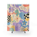 90s Abstract Shower Curtain, Painterly Pastel Flower Bath Decor, Sky Blue Lavender Checker Pattern, Retro Guest Bathroom Style Decor