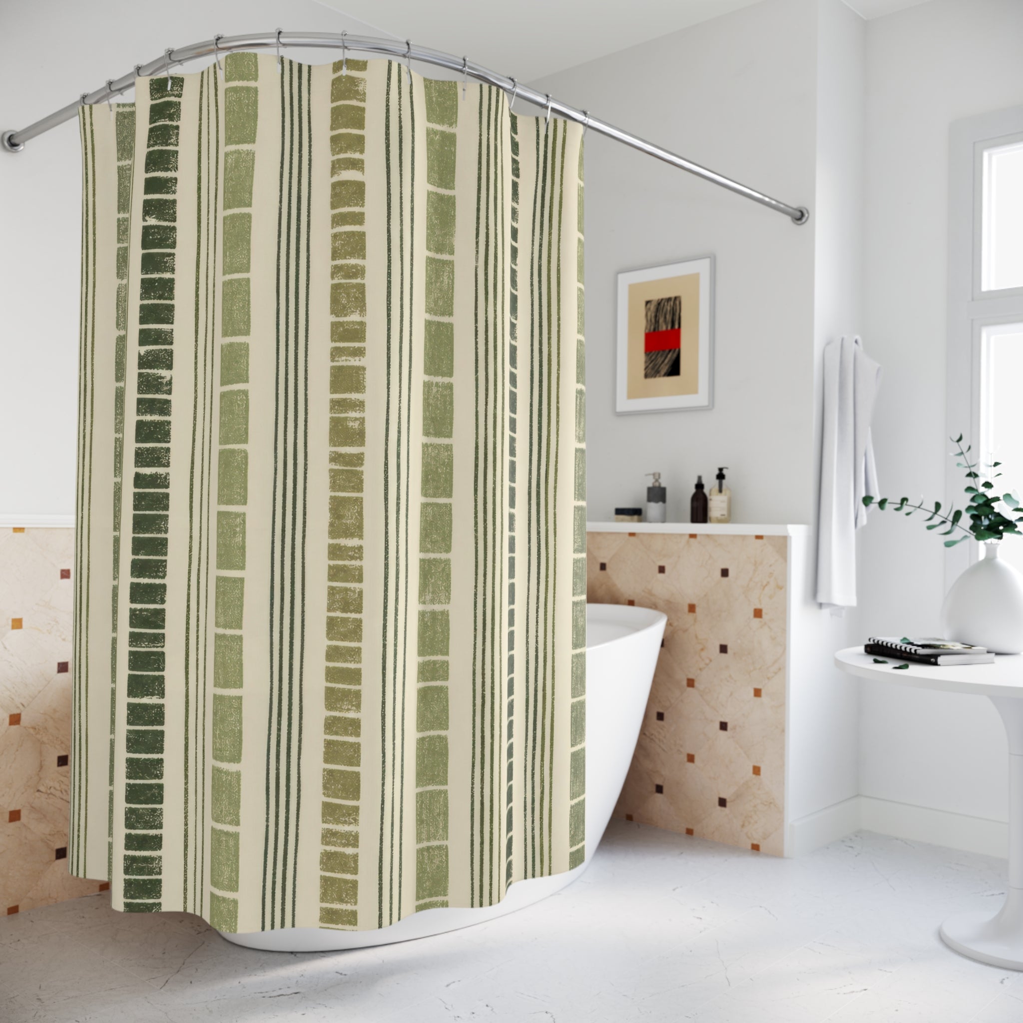 Olive Sage Green Dash Stripe Shower Curtain