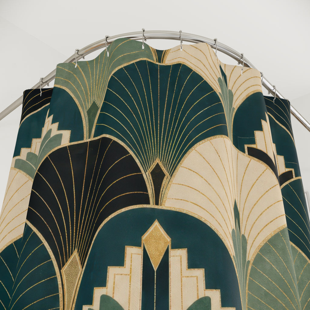 Art Deco Shower Curtain, Teal Gold Fan Geometric Pattern, Glam Green Bathroom Decor, Elegant Teal Glam Wall Decor Guest Bath Wall Gift