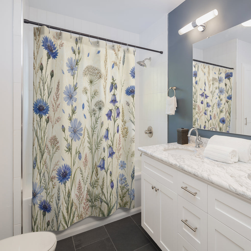 Blue wild flower field with cornflowers bellflowers and grasses shower curtain beside a white vanity
