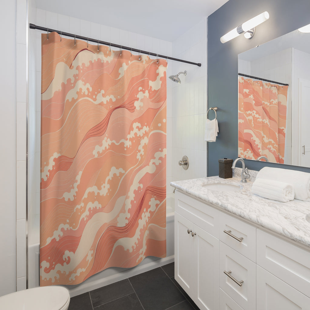 Peachy coral waves with cream foam shower curtain beside a white vanity