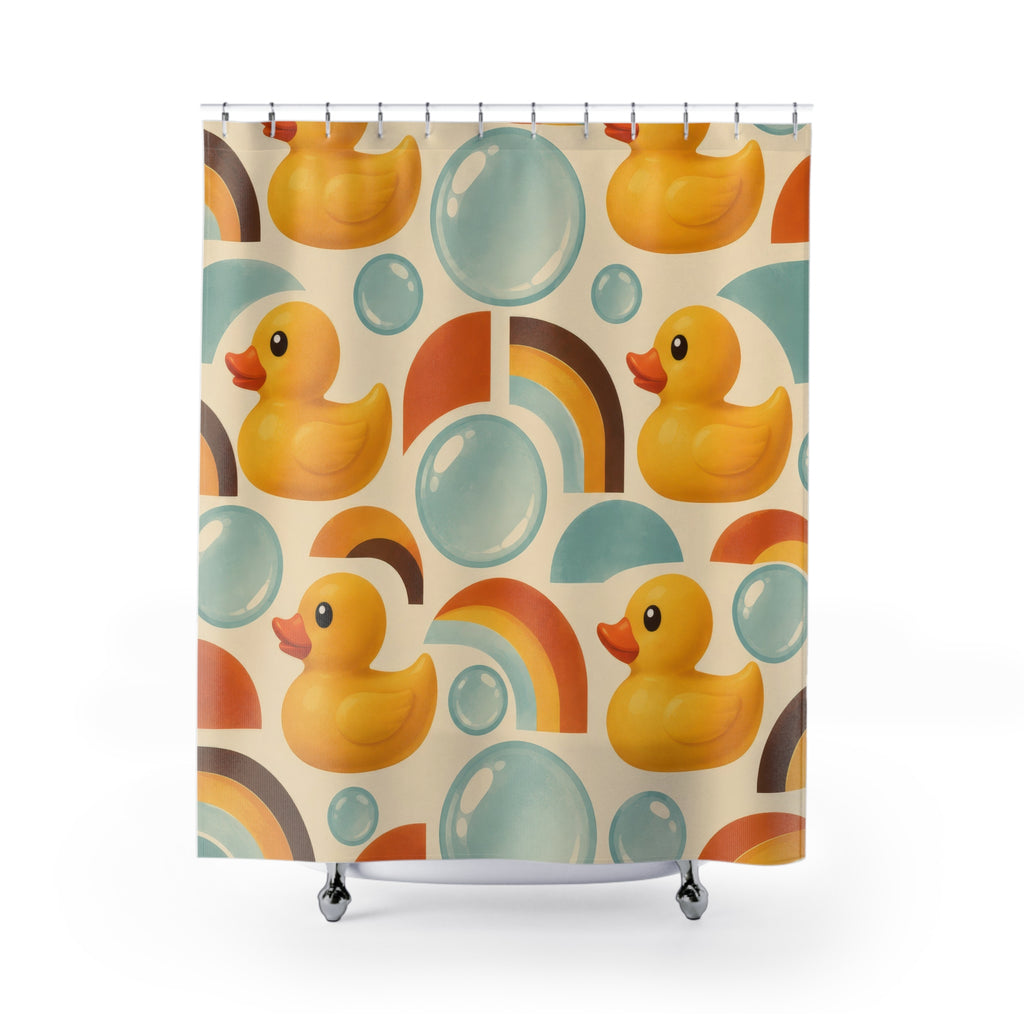 Rubber ducks with aqua bubbles and retro orange arches shower curtain with full front view
