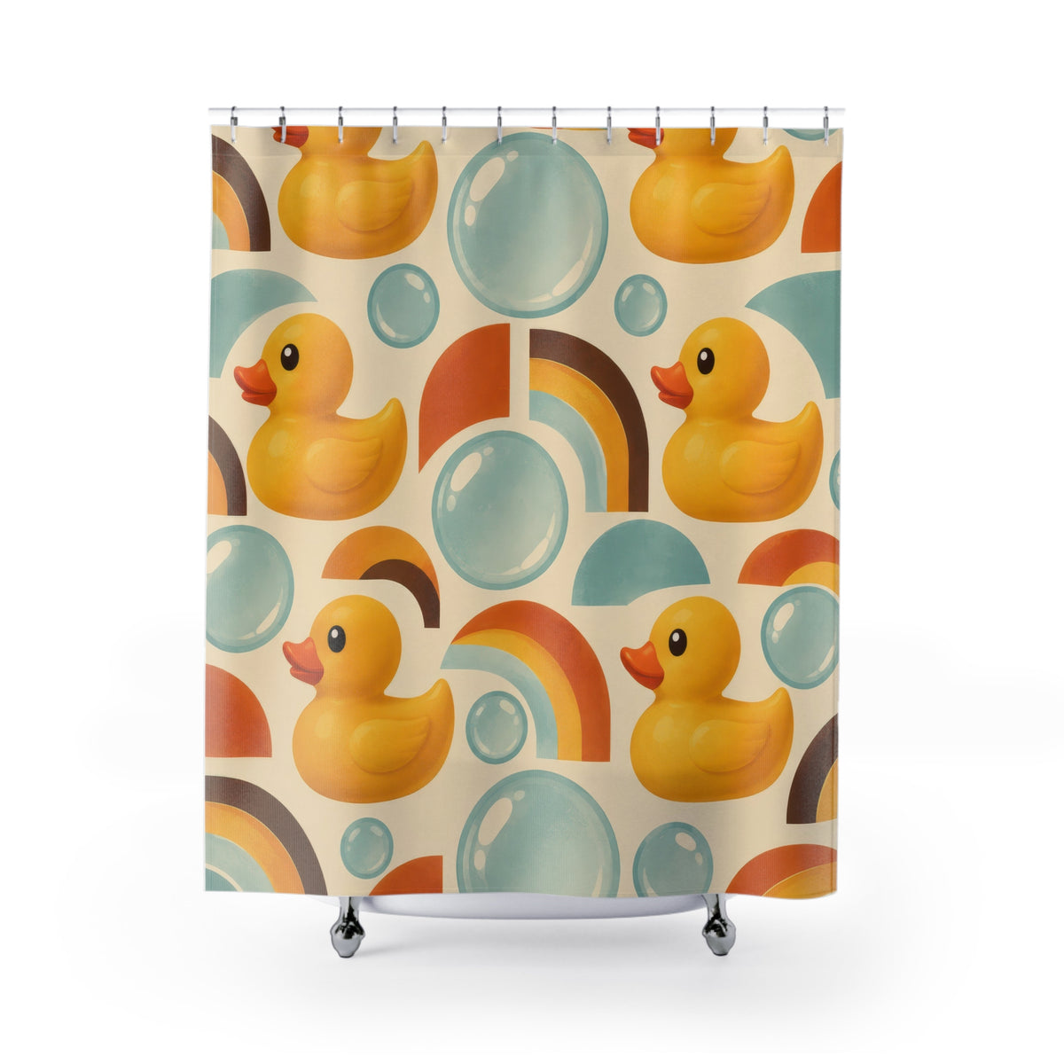 Rubber ducks with aqua bubbles and retro orange arches shower curtain with full front view