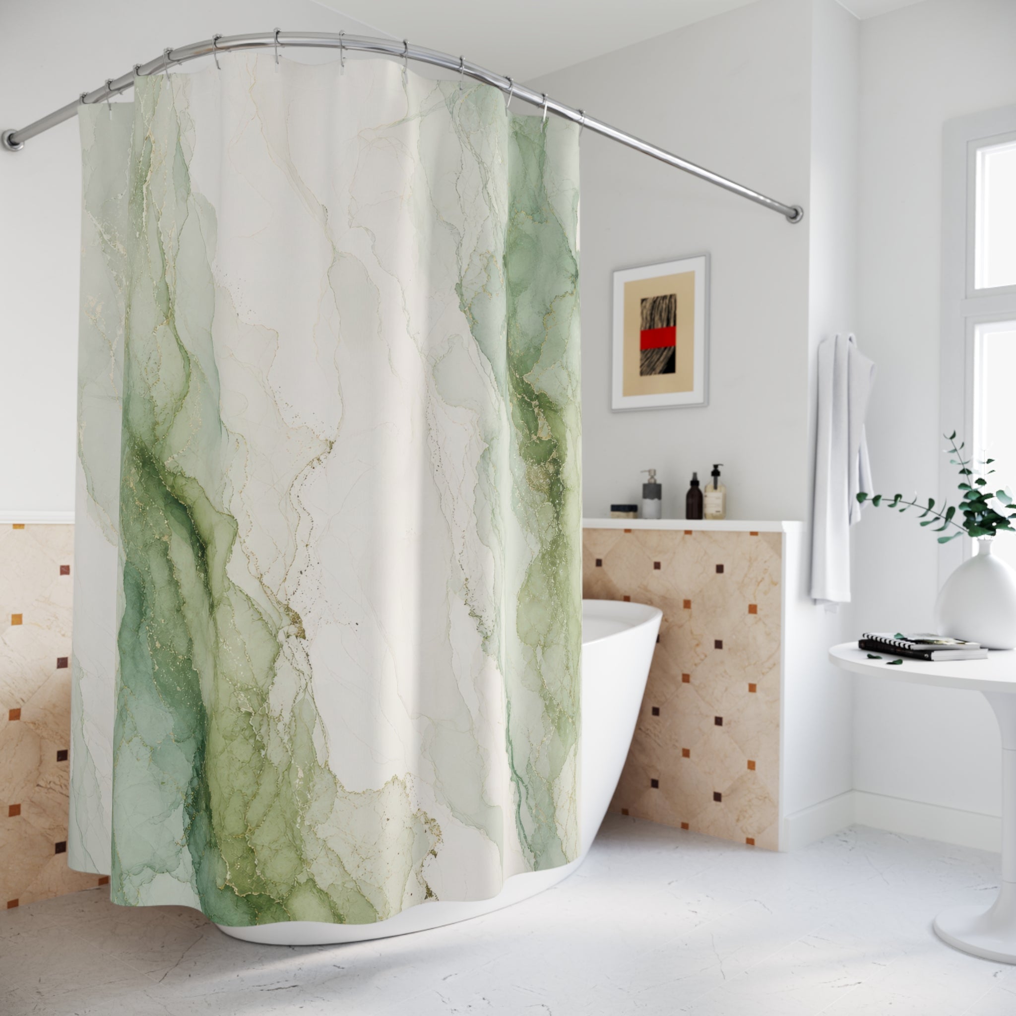 Watercolor Marble Green White Shower Curtain