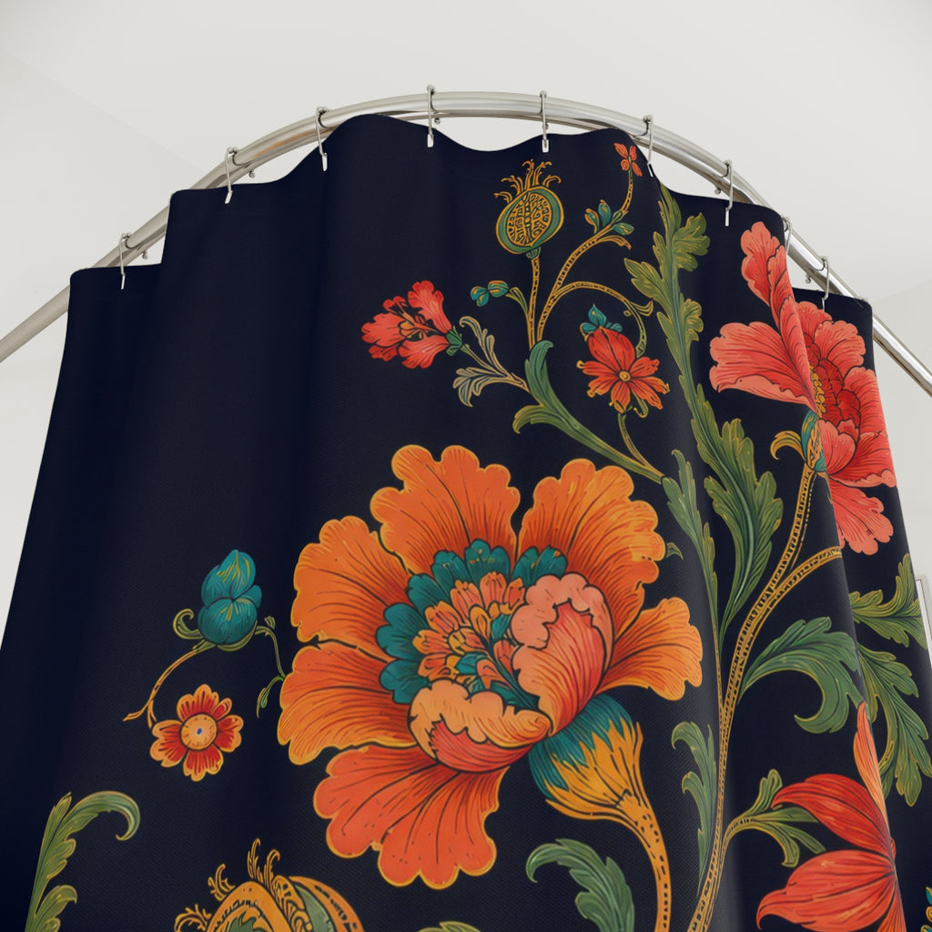 Navy jewel tone Jacobean serpentine floral shower curtain with close-up print, hooks, and folds