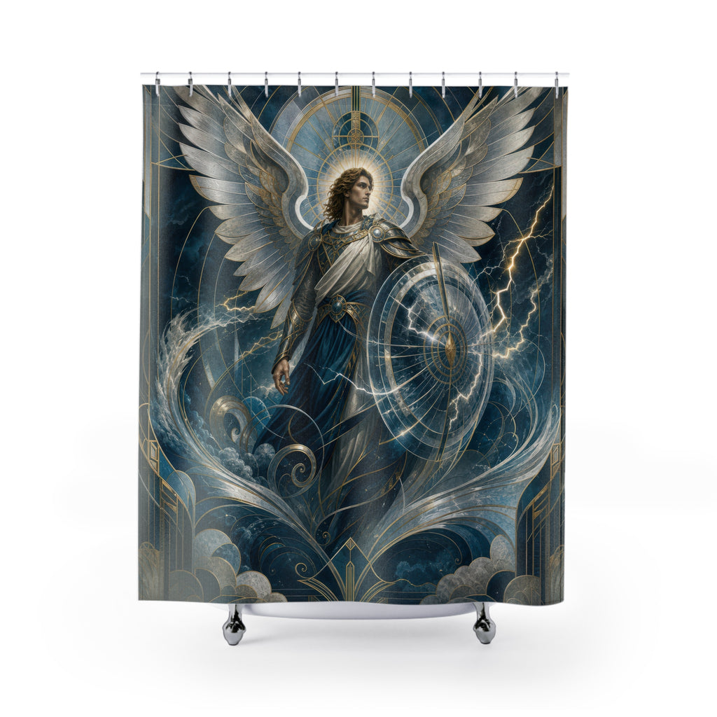 Archangel Michael Shower Curtain, Storm Guardian Angel Art, Silver Wing Celestial Decor, Blue Grey Spiritual Bathroom Accent, Art Deco Bath
