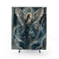 Archangel Michael Shower Curtain, Storm Guardian Angel Art, Silver Wing Celestial Decor, Blue Grey Spiritual Bathroom Accent, Art Deco Bath
