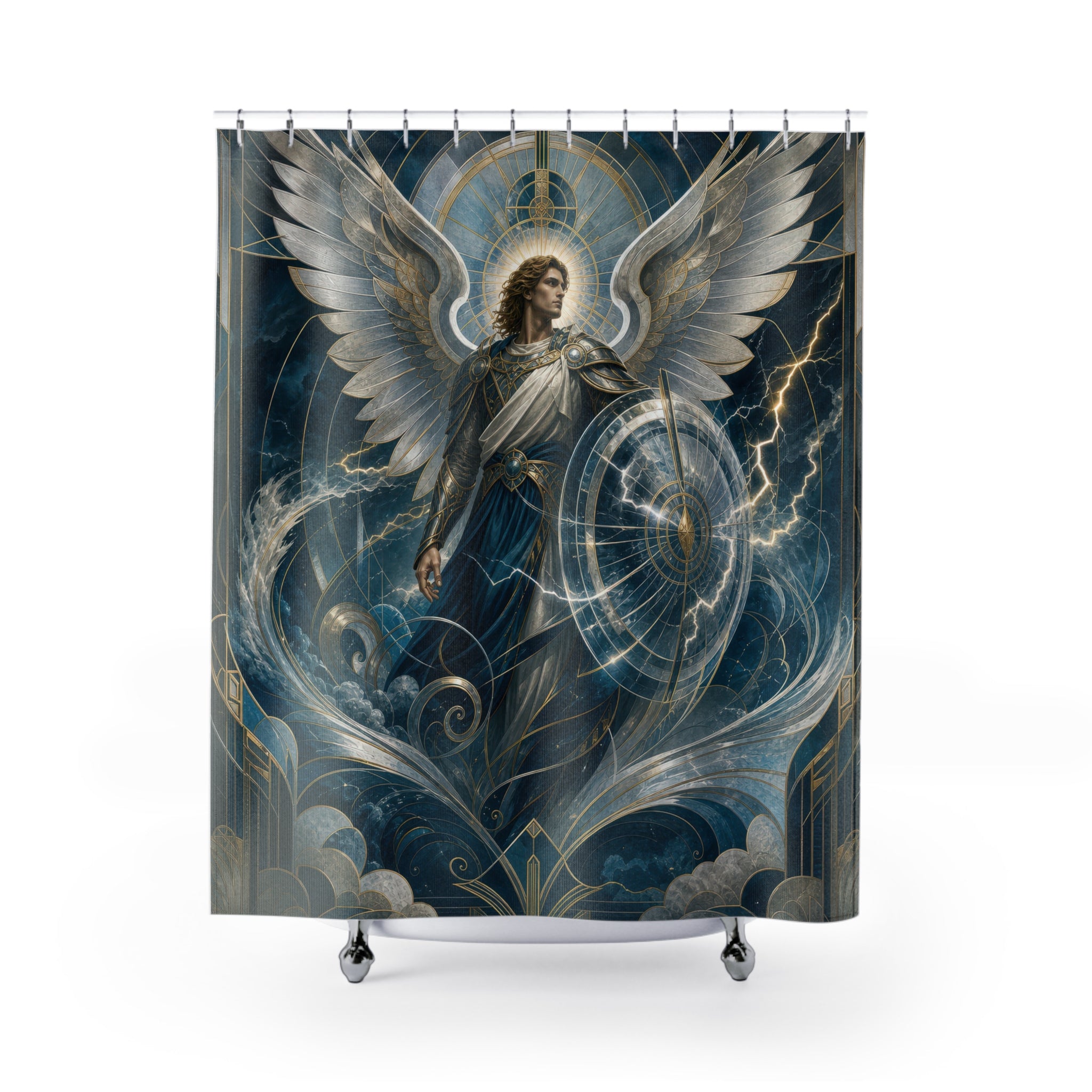Archangel Michael Shower Curtain, Storm Guardian Angel Art, Silver Wing Celestial Decor, Blue Grey Spiritual Bathroom Accent, Art Deco Bath