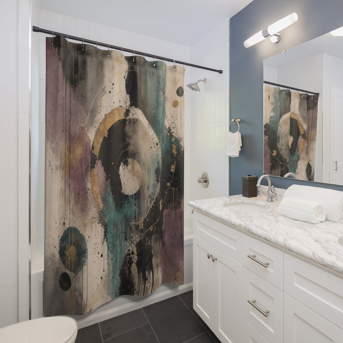Black Teal Circle Abstract Shower Curtain