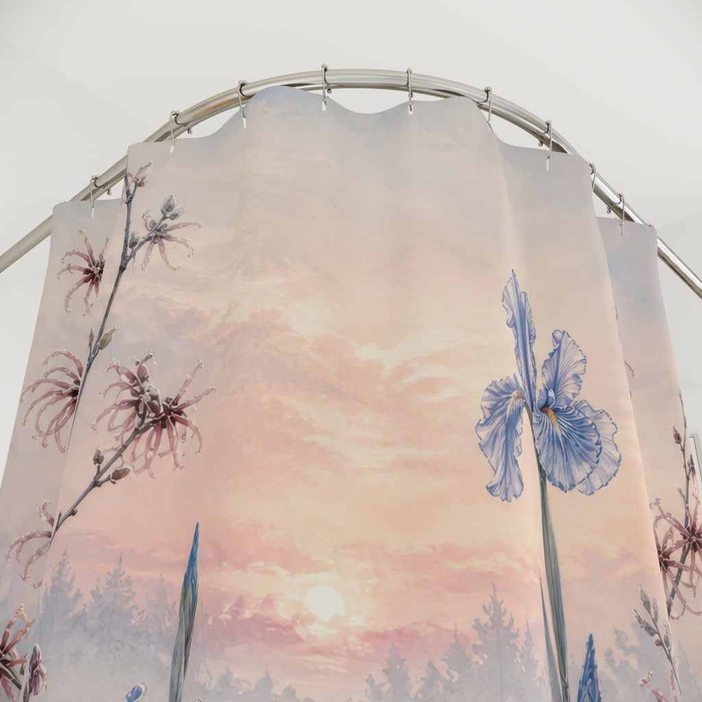 Winter snowdrops irises and hellebores in a frosted meadow shower curtain with close-up print, hooks, and folds