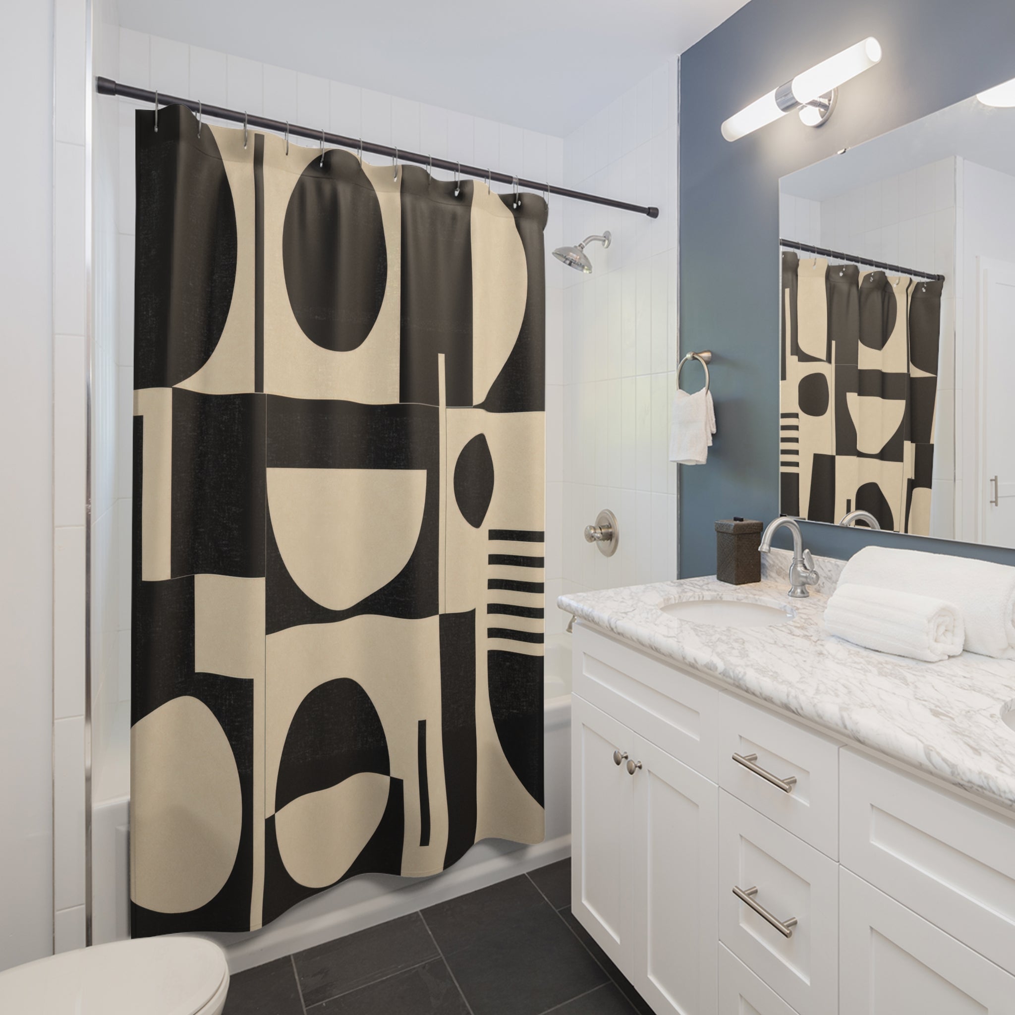 Black Cream Abstract Circle Shower Curtain