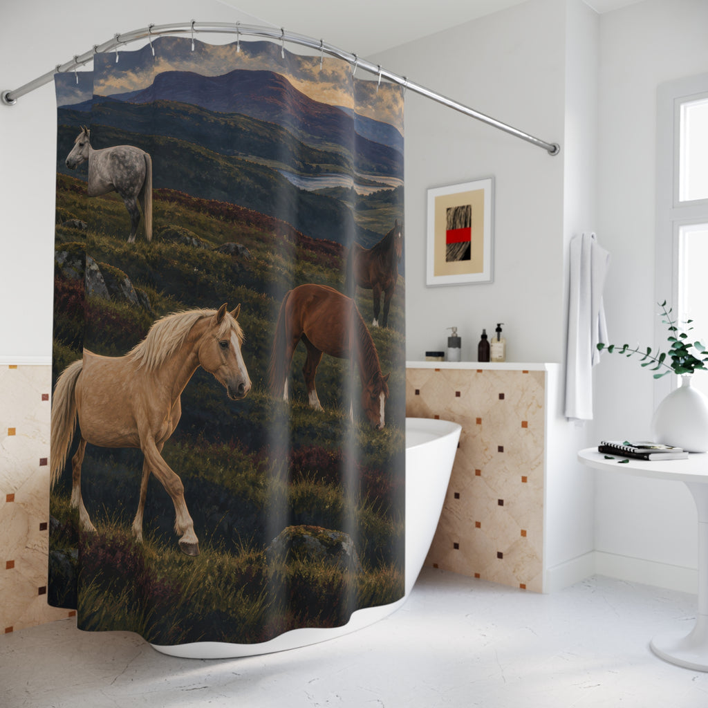 Four horses on green moorland above a distant lake shower curtain beside a freestanding tub